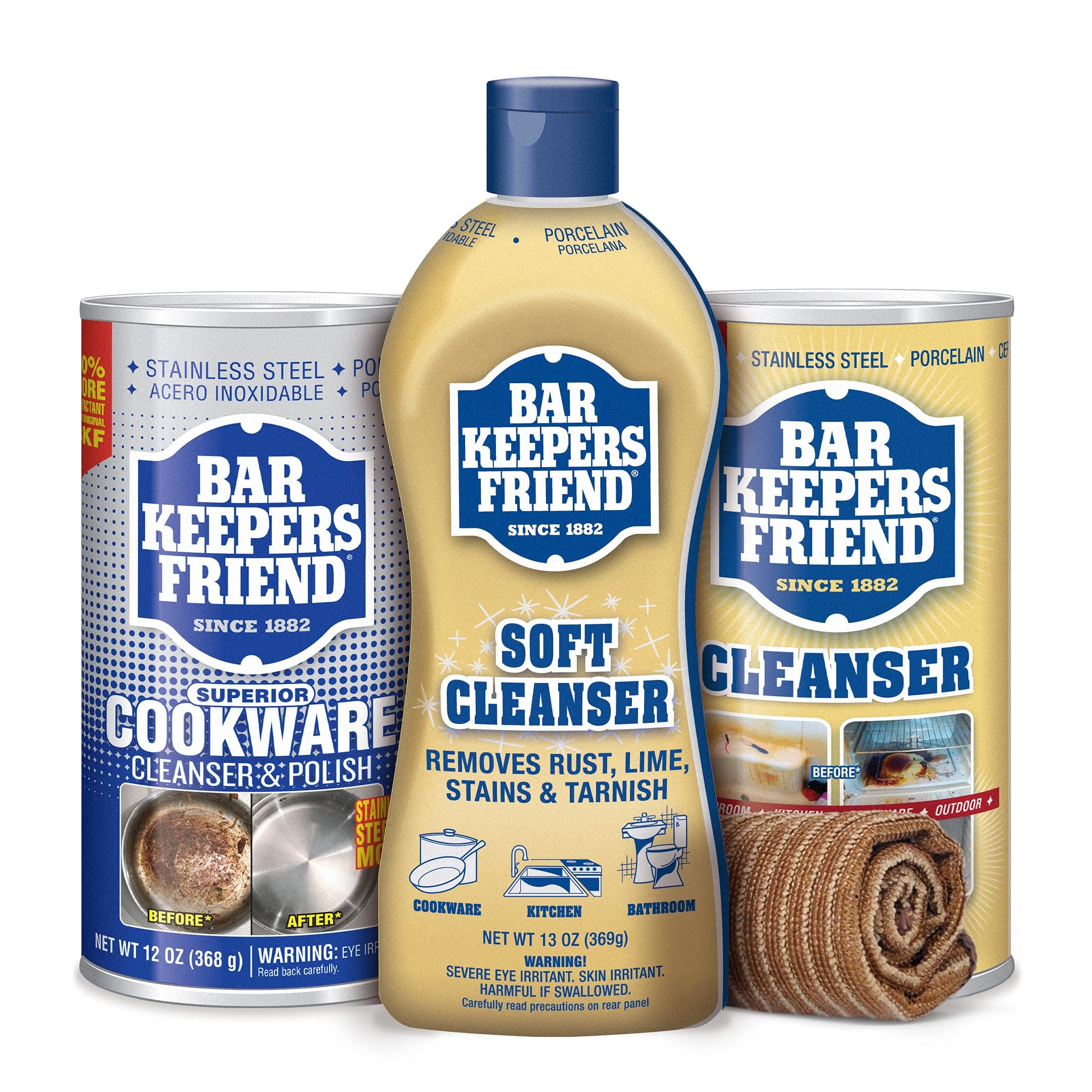 Bar Keeper Granite Bundle - with Soft Cleanser (13oz), Powder Cleanser (12oz), Powder Cookware Cleanser & Polish (12oz), Granite & Stone Microfiber Cloth