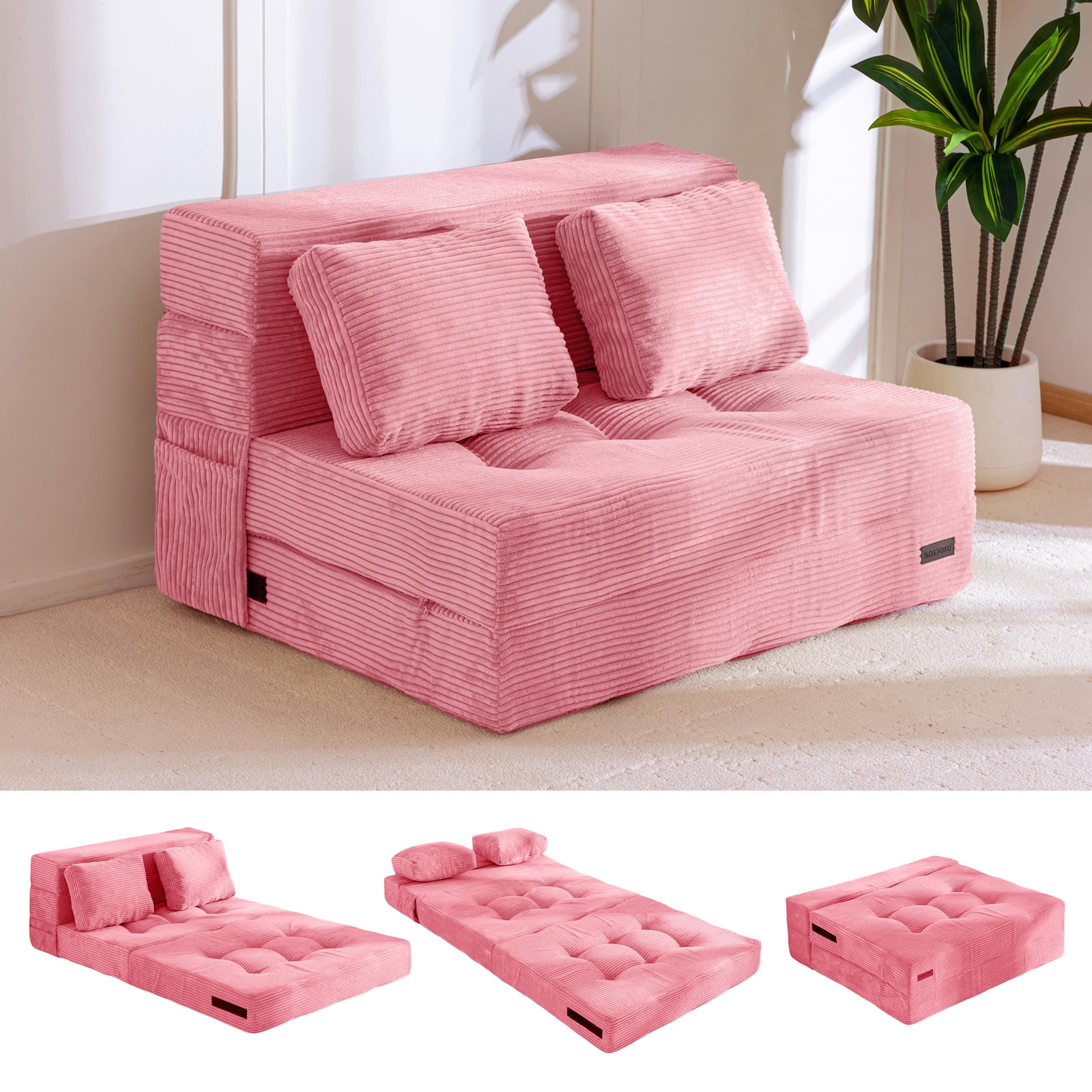 MAXYOYO Convertible Sofa Bed, Fold Out Loveseat Sleeper Sofa with Pillow, 4 in 1 Tufted Folding Couch Bed Foam Floor Couch, Lazy Chair for Living Room Bedroom Guest Room, Pink