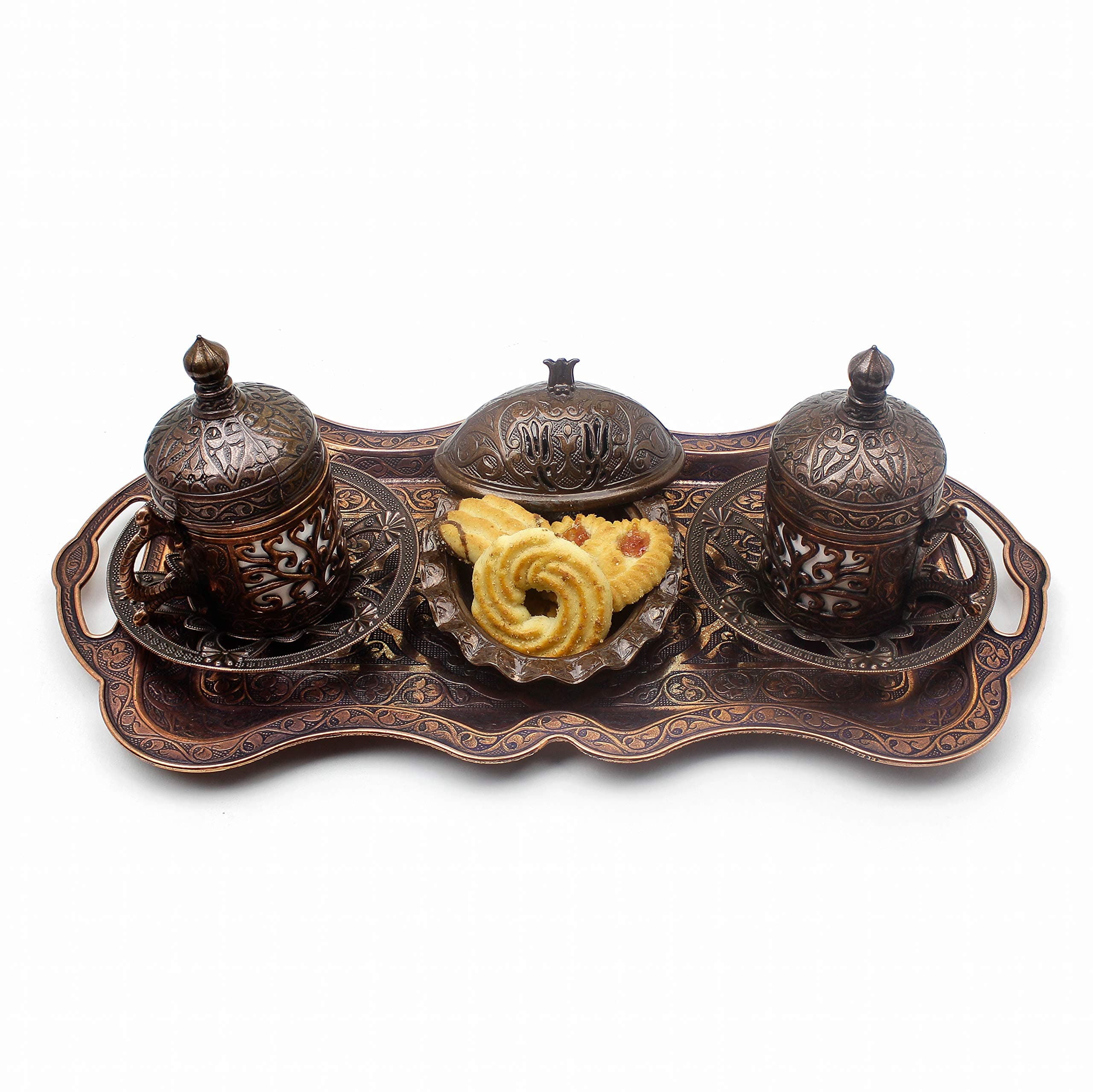 Nosy Nomad Coffee Set: 2 Cup Turkish Coffee Cup Set, Sweets Plate, Original Cast Copper | Turkish Copper Coffee Cup Set with Ottoman Cups | Set of 2