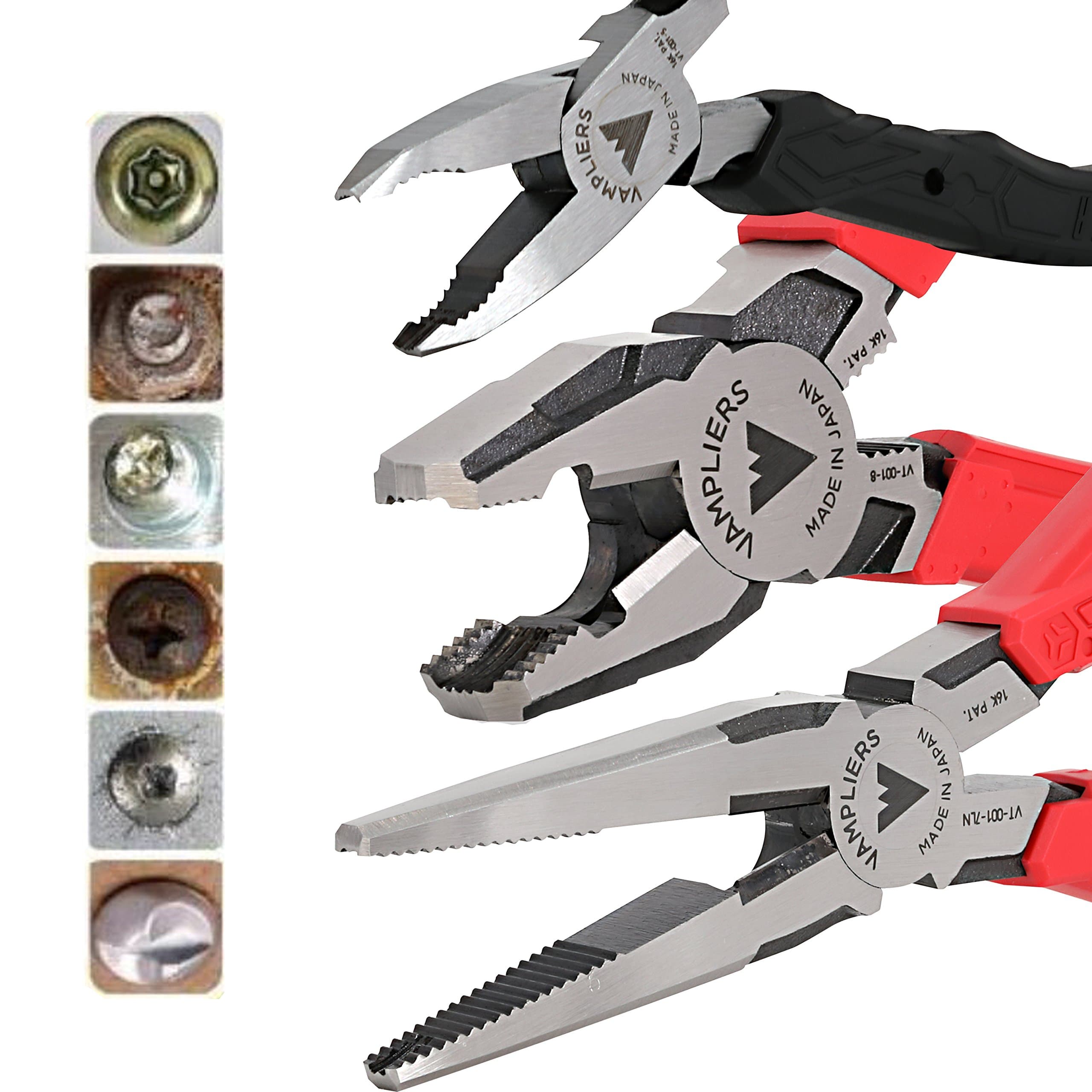 3-PC Screw Extractor Pliers Set Made in Japan: 8" Linesman, 7.5" Long Nose, and 5" Mini Screw Remover Plier. High Carbon Steel Stripped Screw Removal Tools