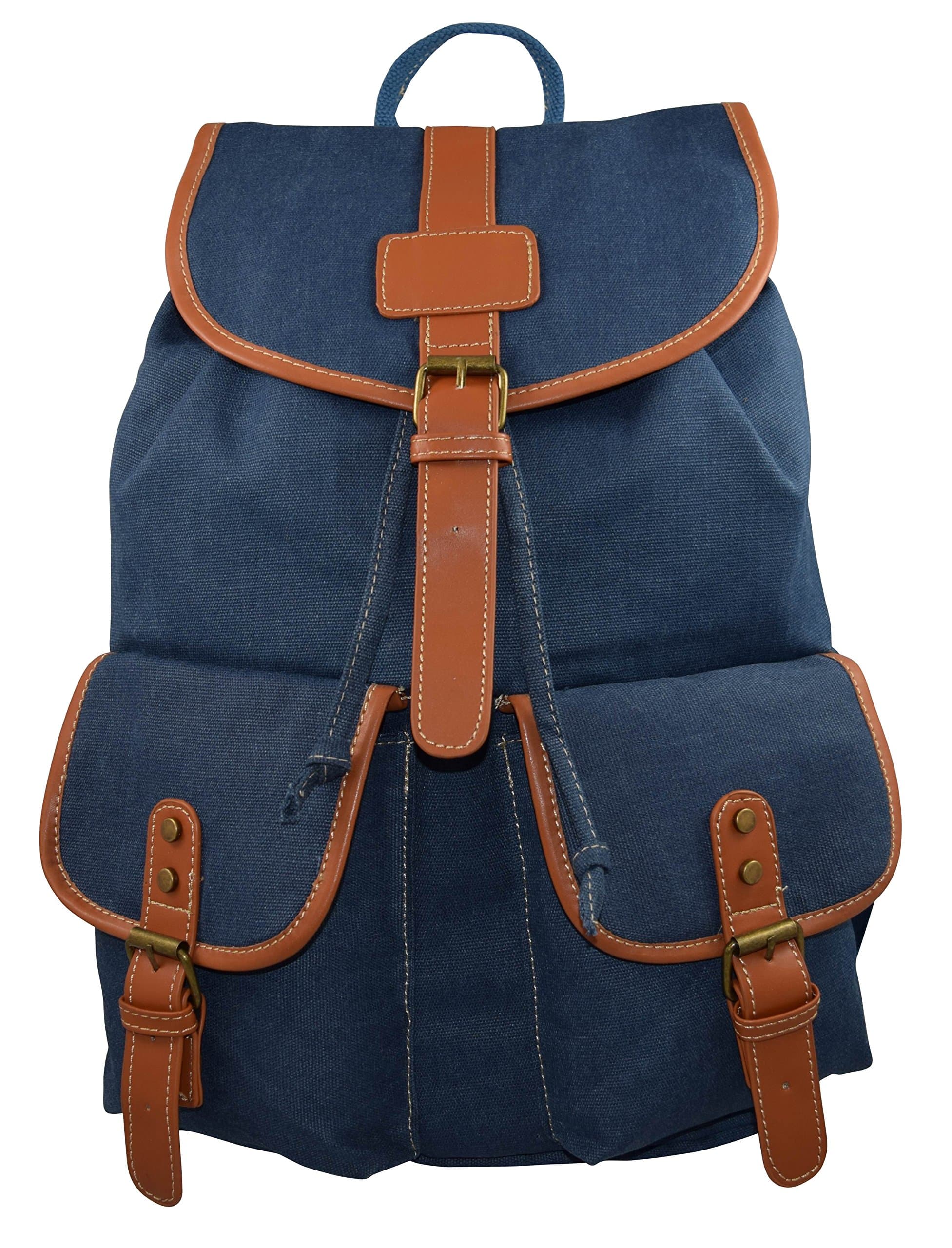 Classic Unisex Canvas With PU Leather Trimming Backpack (Blue)