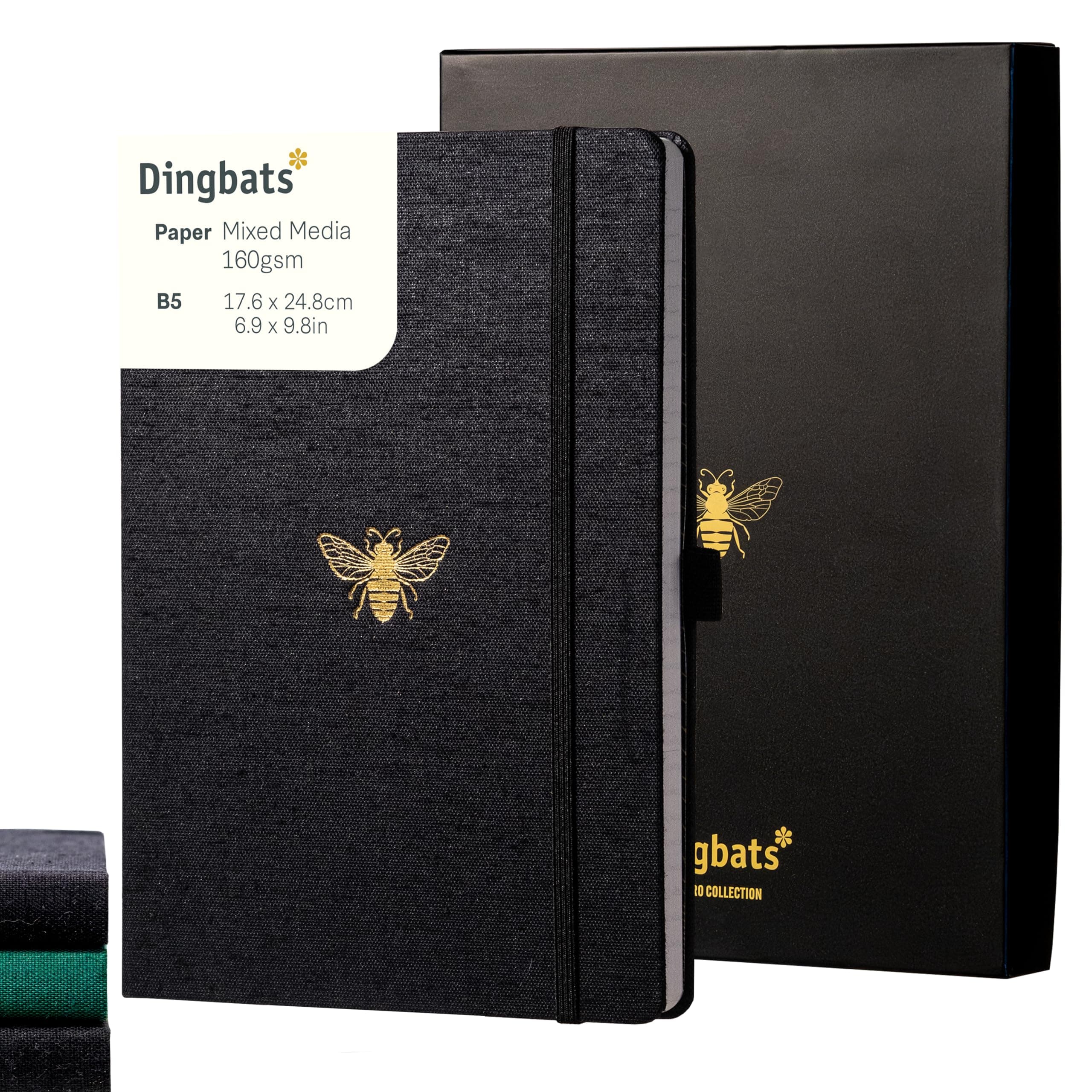 Dingbats* - Pro B5 Plain Large Notebook with Gift Box - Black Textile Cover, Thread-Bound Journal - Pocket, Elastic Closure, Pen Holder, Bookmark