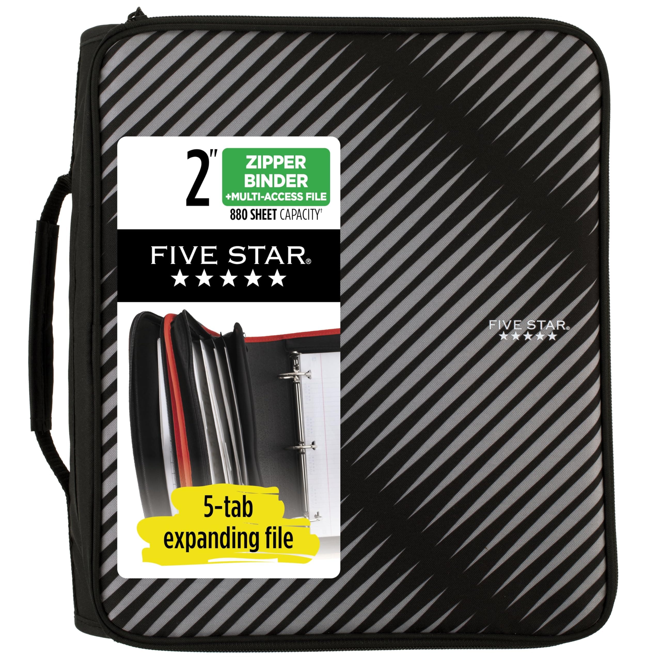 FIVE STAR Zipper Binder, 5 cm 3 Ring Binder, 6-Pocket Expanding File, Durable, Black (72536)