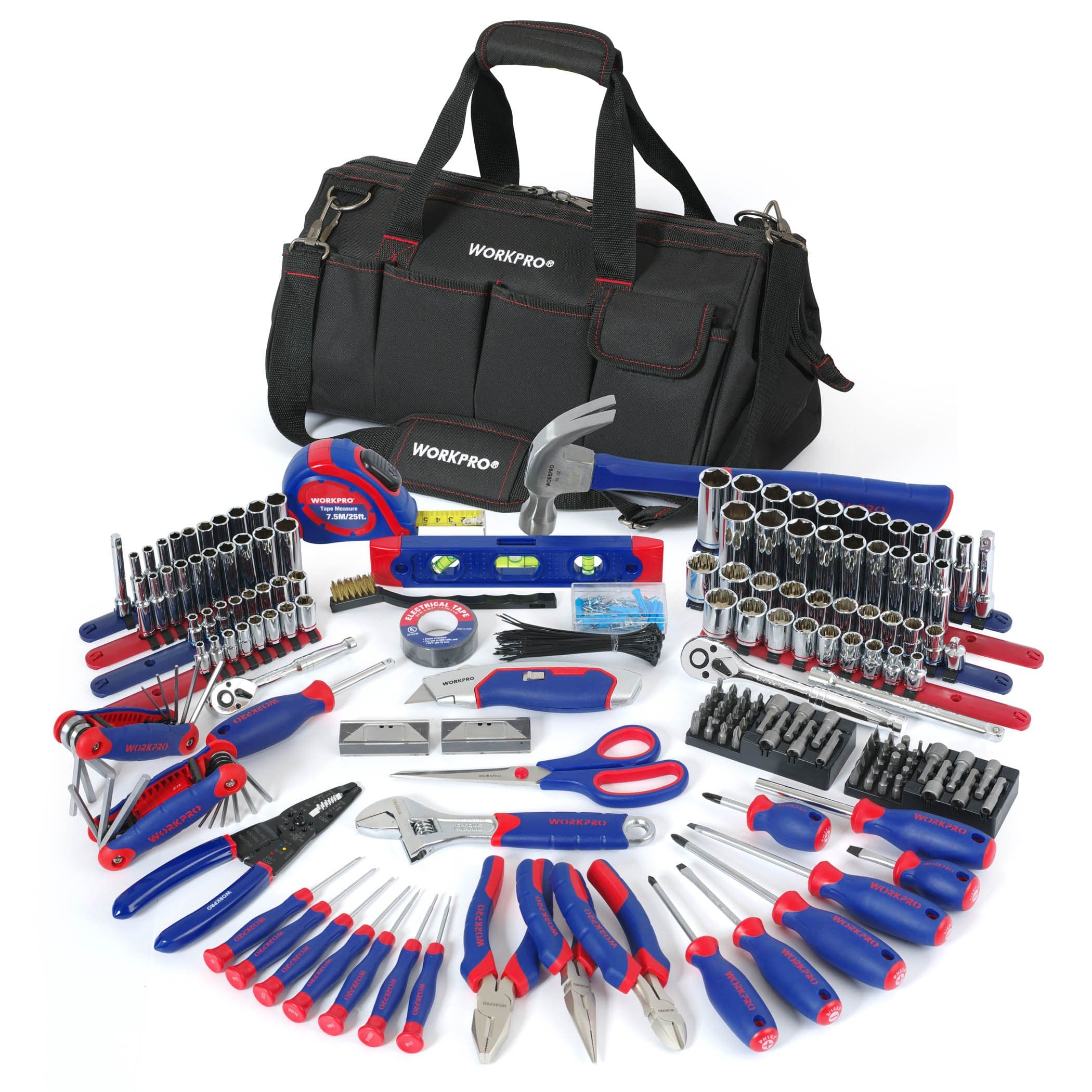 Workpro W009037A 322-Piece Home Repair Hand Tool Kit Basic Household Tool Set With Carrying Bag