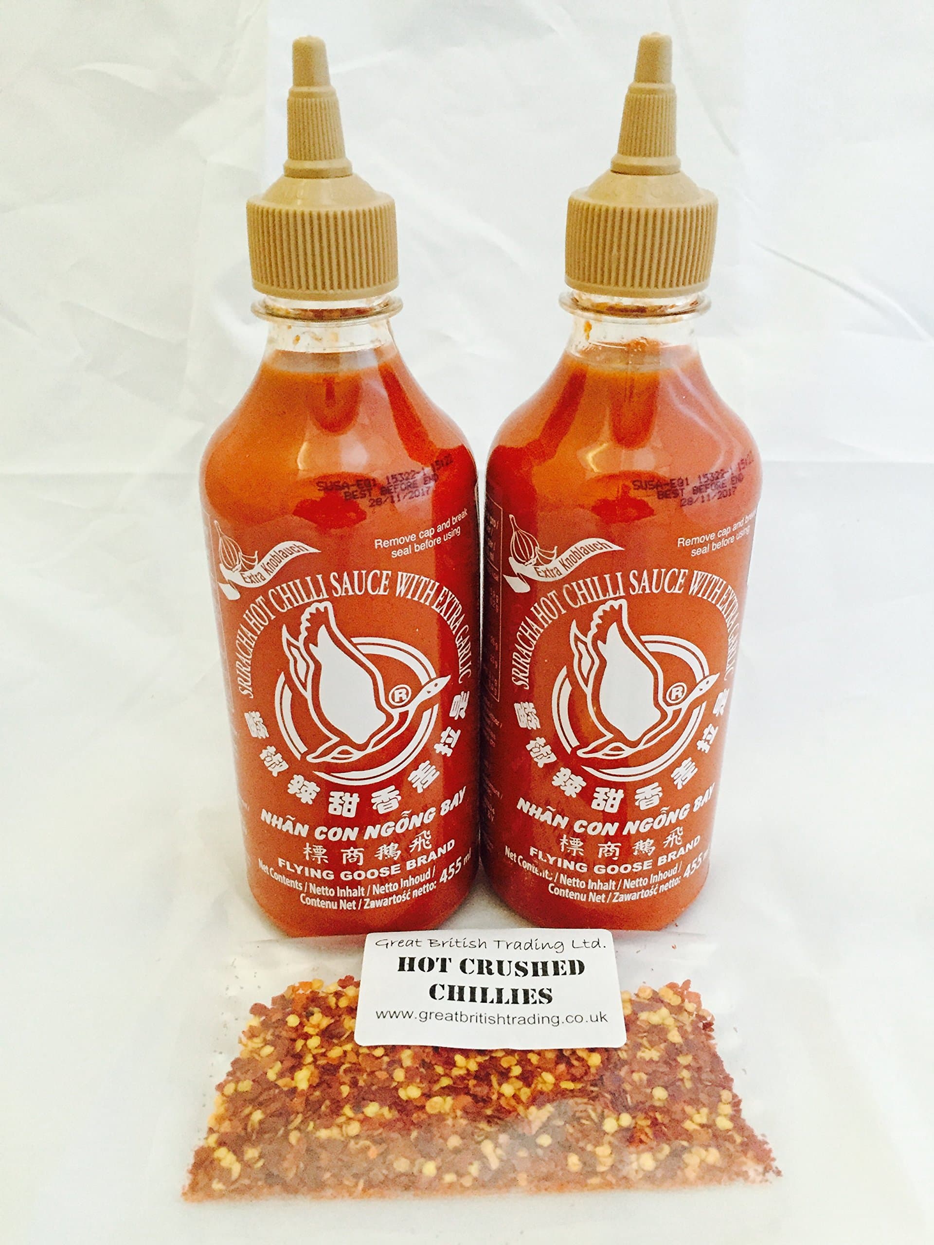Sriracha Chilli Sauce with Extra Garlic Twin Pack with Great British Trading Hot Crushed Chillies