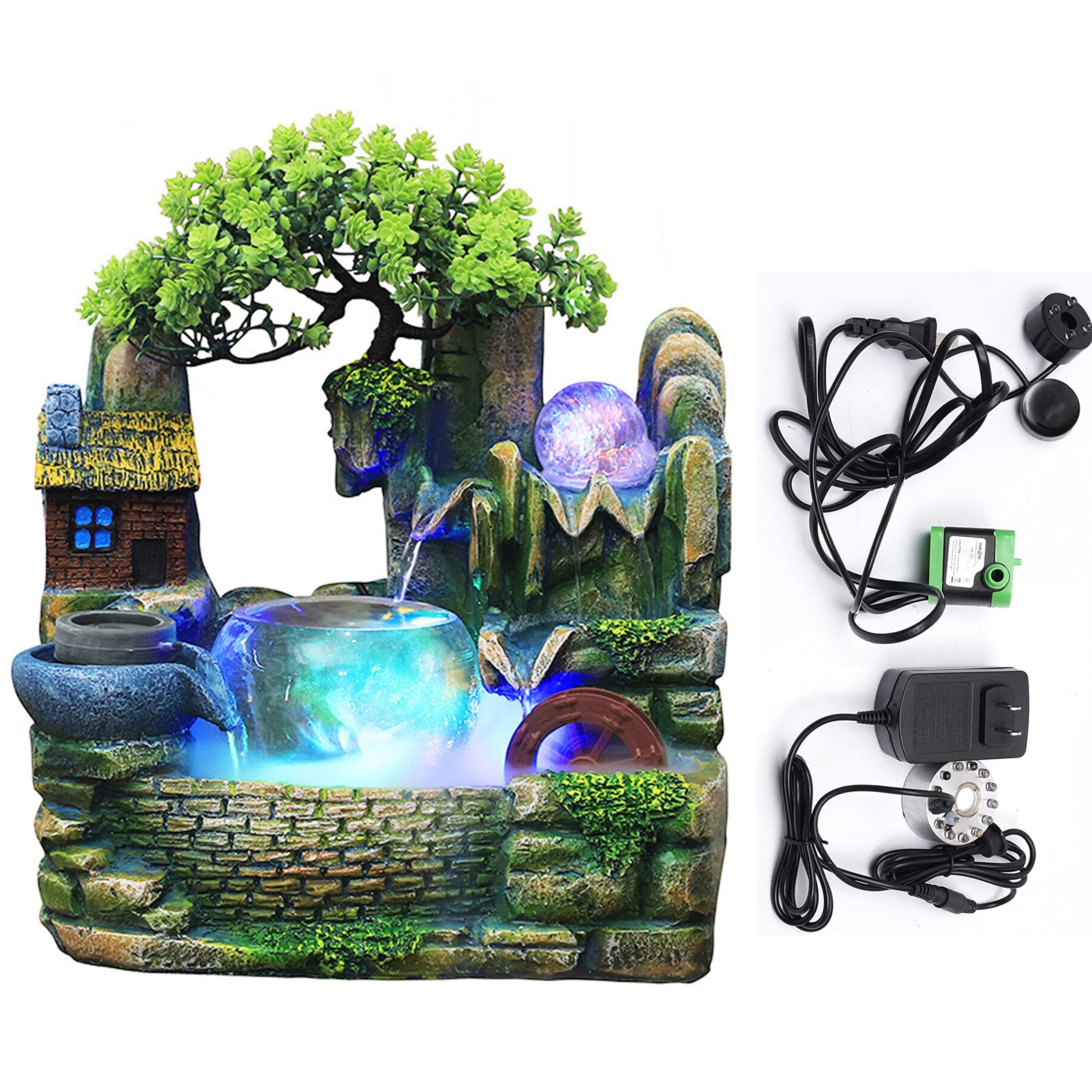 Tabletop Waterfall Fountain Humidifier with LED Light and Atomizer, Water Fountains Indoor Home Decor or est Festival Birthday Surprise for Boys, 14 Inch Desktop Small Mini Bonsai