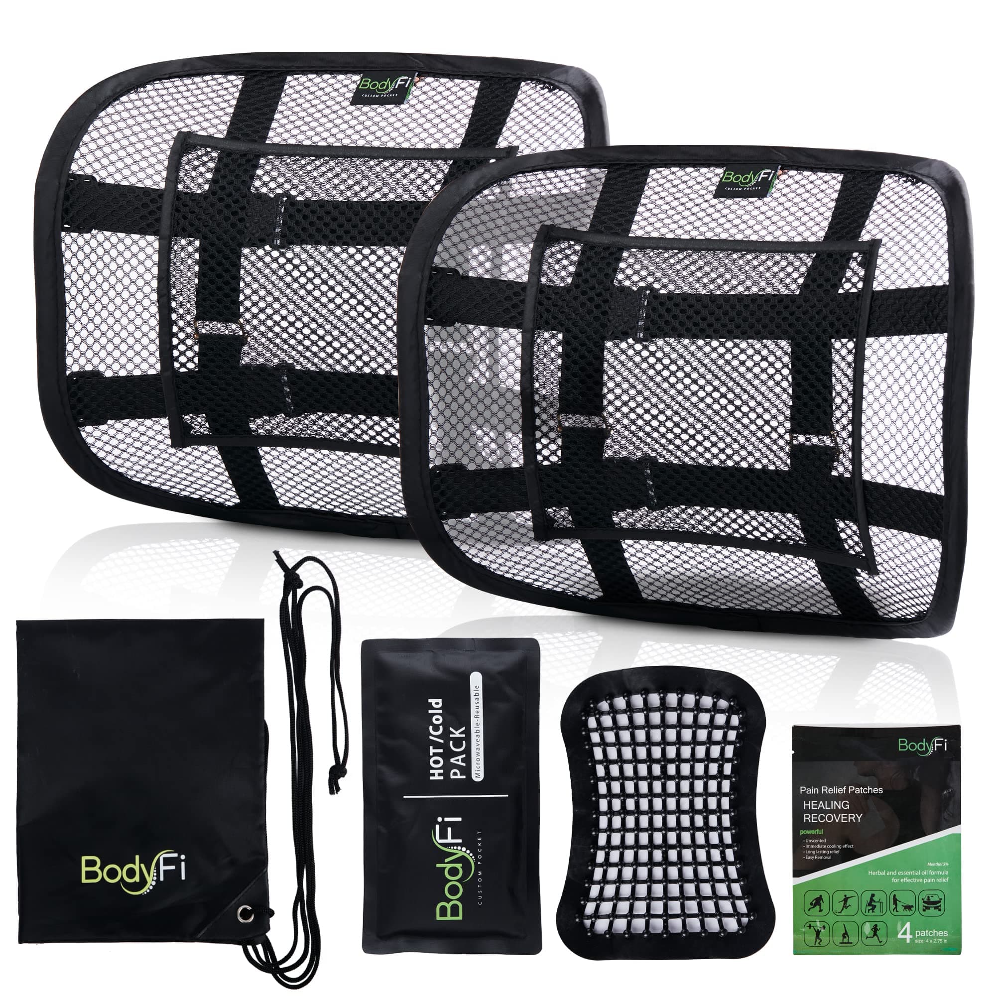 Mesh Back Support for Office Chair and Car Lumbar (2 Pack + Bundle) - Custom Pocket Design Allows for Hot & Cold Pain Relief Gel Pack