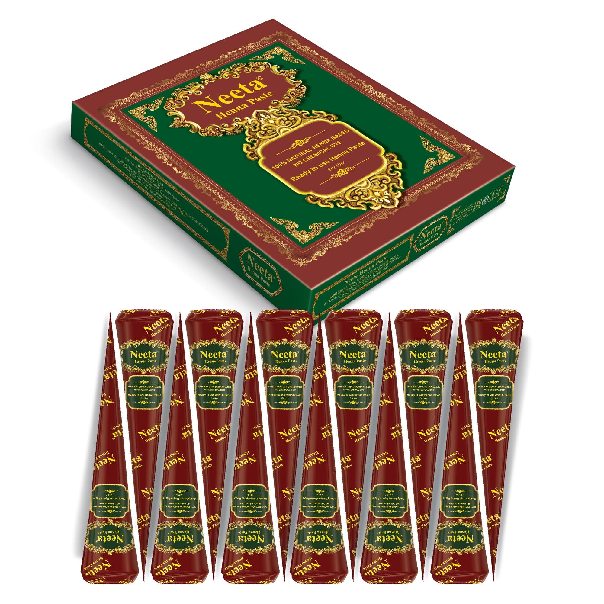 Neeta 12 Pack Ready to Use Henna Paste Hair Dye Cones Reddish Brown Color tubes color for women Perfect for Spot hair coloring, Long-lasting and Cruelty-Free