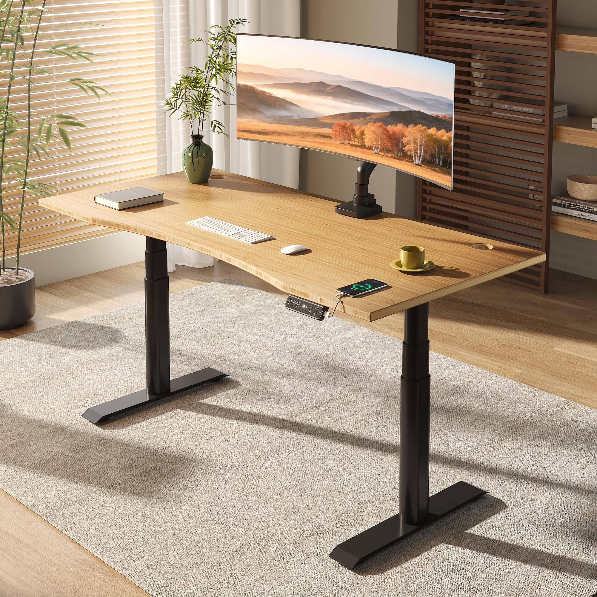 E6 Pro Oval Leg Dual Motor 3 Stages Bamboo Electric Standing Desk 78x30 Inch Whole-Piece Board Height Adjustable Electric Sit Stand Up Desk (Black Frame + Bamboo Curved Desktop)