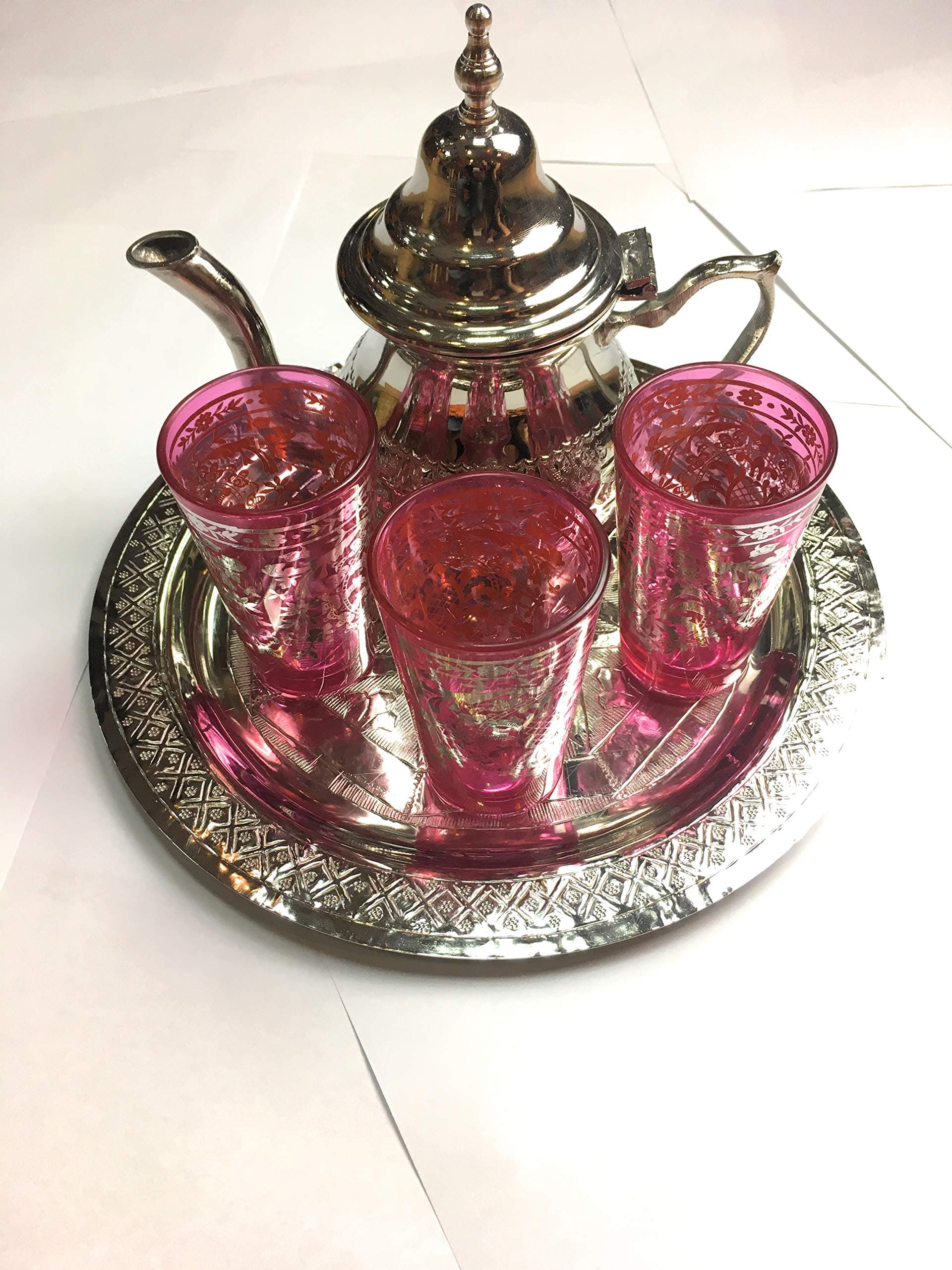 Moroccan Handmade Tea Set, Teapot, Tray 25 cm Diameter, 3 Glasses