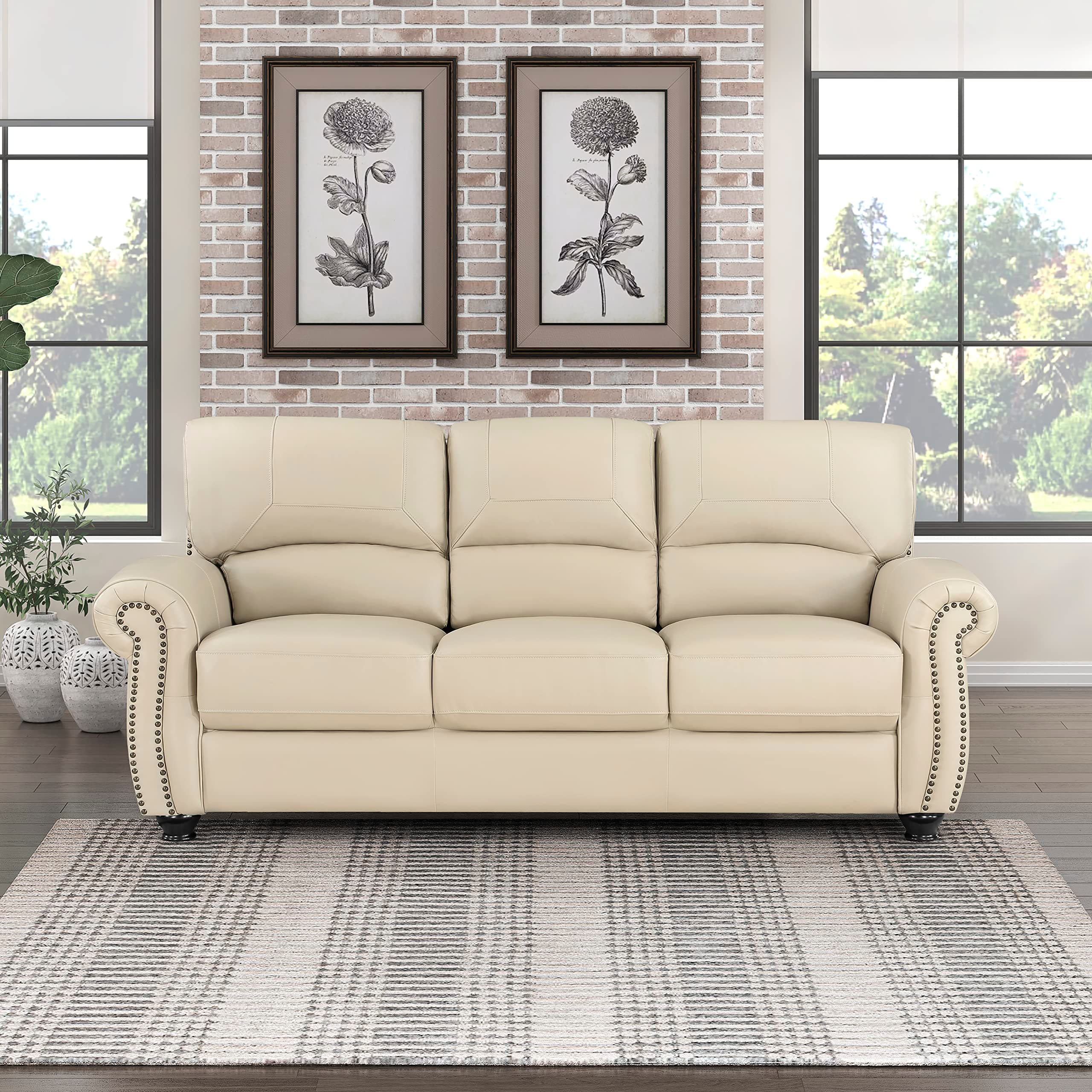 Lexicon Leather Match Couch for Living Room with Wood Frame, Rolled Armrest & Nailhead Trim, Top Grain Leather Match Sofa for Bedroom, Office, Waiting Room, 3-Seater Sofa, Cream