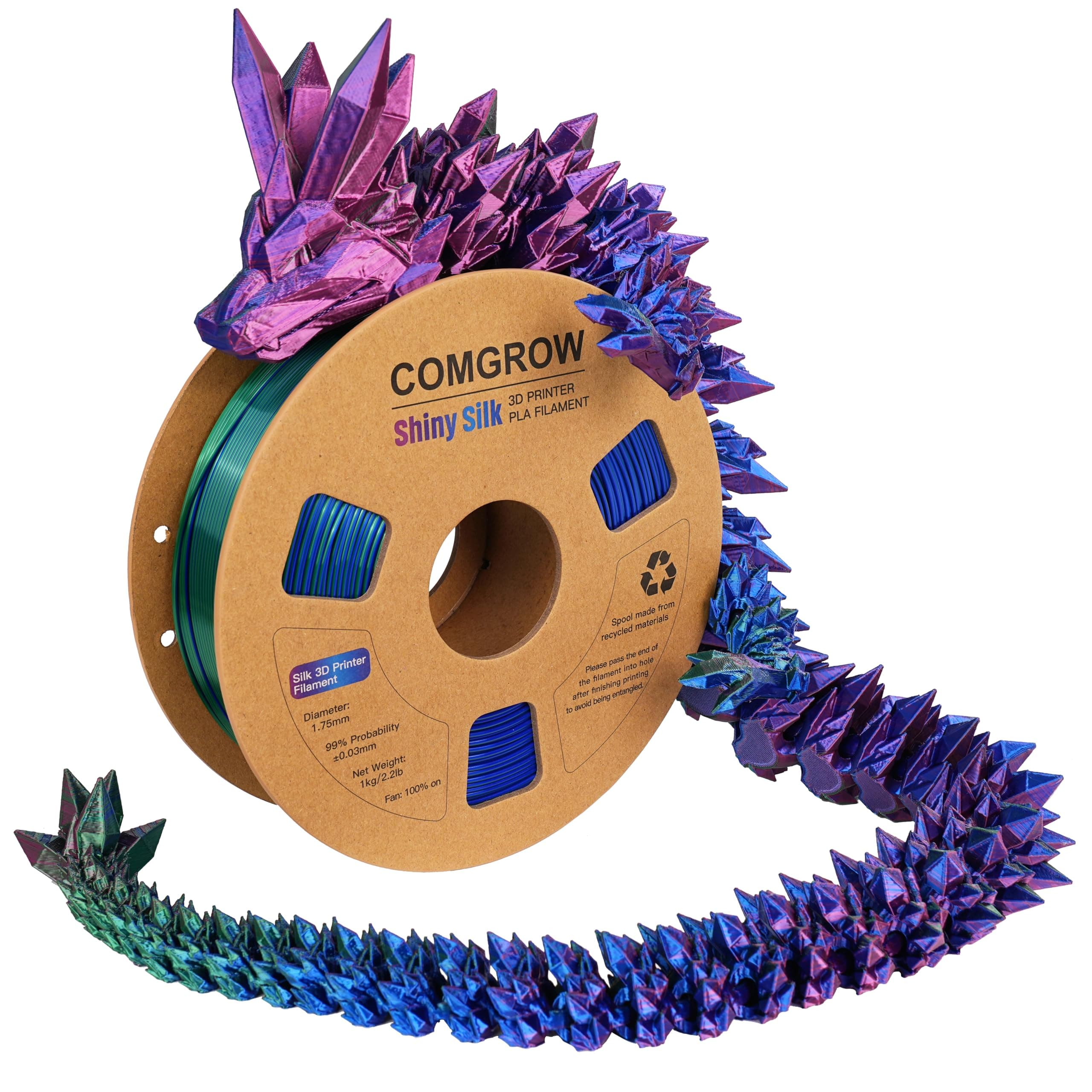 Comgrow Tri-Colors Silk PLA 3D Printer Filament, Rainbow PLA Filament 1.75mm, Dimensional Accuracy +/- 0.02 mm, 1KG Spool, Coextrusion 3D Filament with Shiny Silk Red-Blue-Green