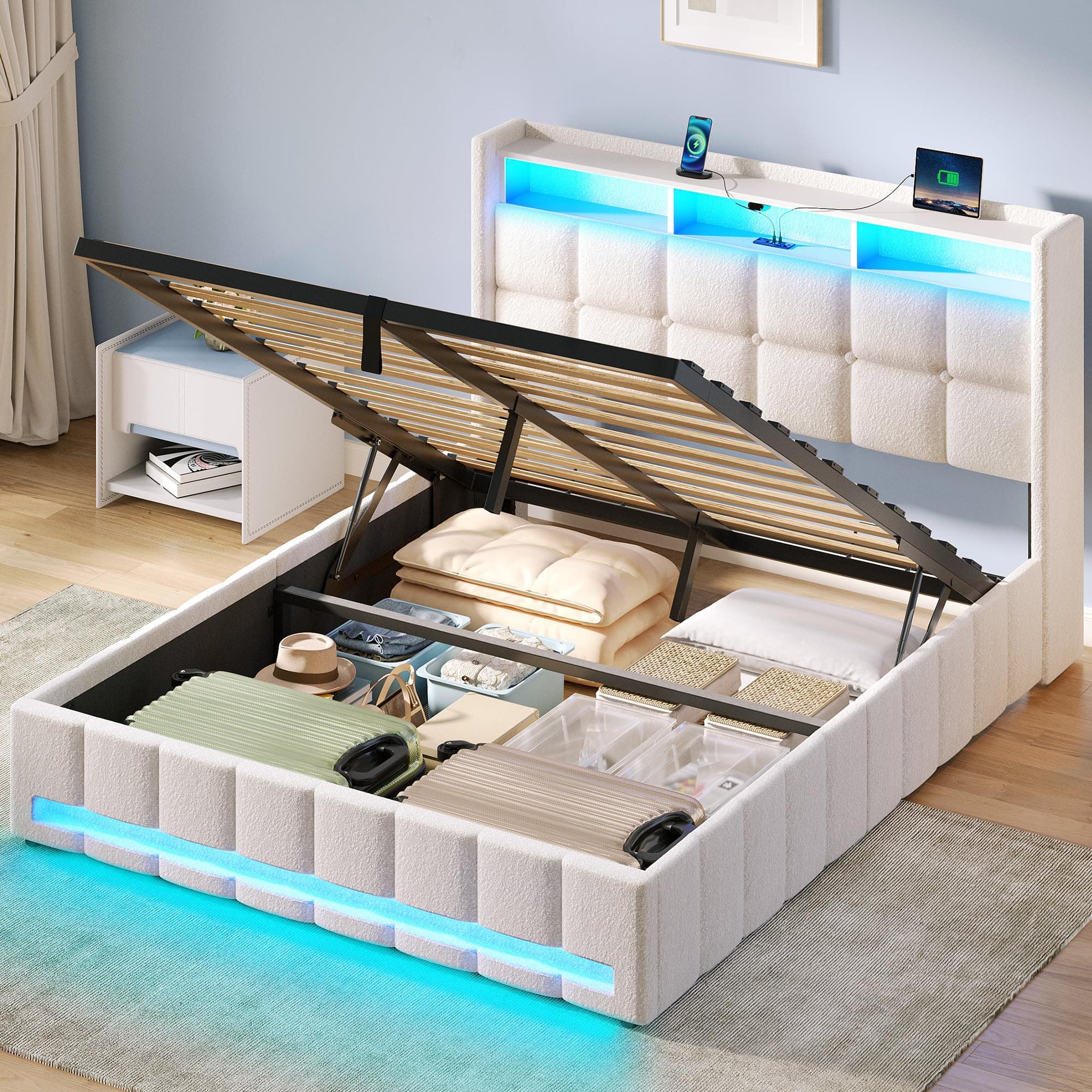 Rolanstar Bed Frame Full Size with Lift Up Storage, Charging Station & LED Lights, Upholstered Storage Headboard, Heavy Duty Wooden Slats, No Box Spring Needed, Noise Free, Easy Assembly, Beige