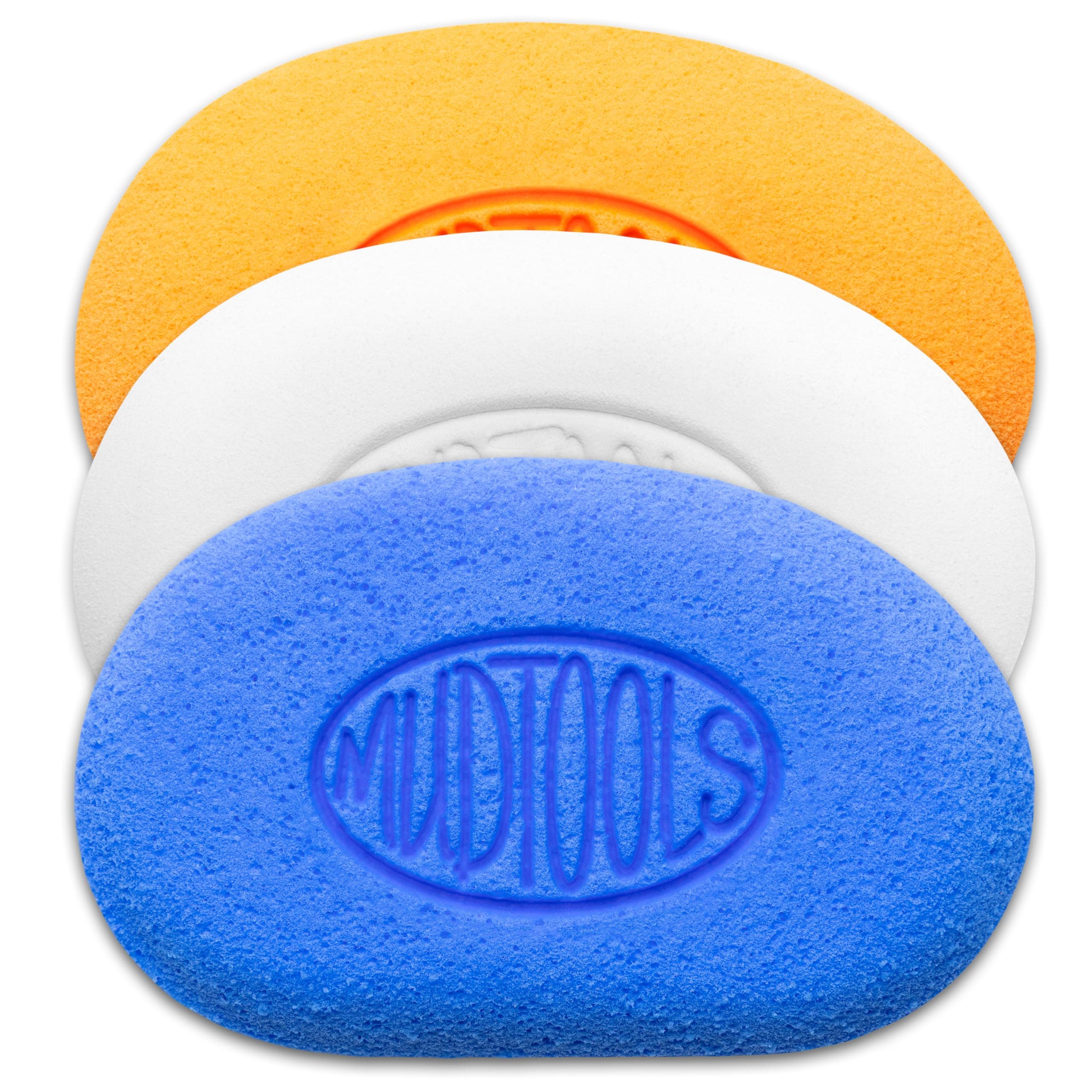 Mudsponges Pack, White Finishing Pottery Sponge, Orange Absorbant, Blue Workhourse, Wheel Throwing, Hand Building Clay, Ceramics (3-Pack)