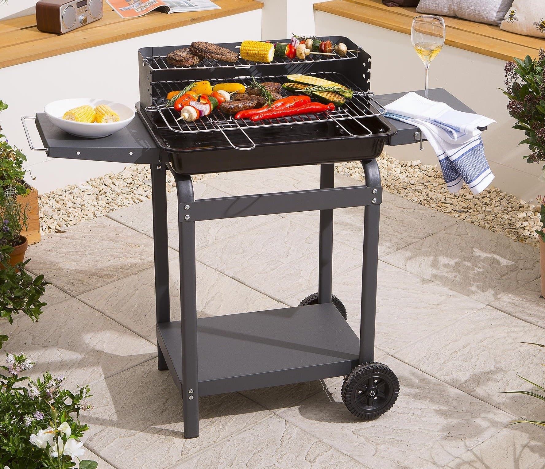 NEW Tesco Rectuangular Charcoal Barbecue Trolley BBQ with 2 Side Shelves - Grey