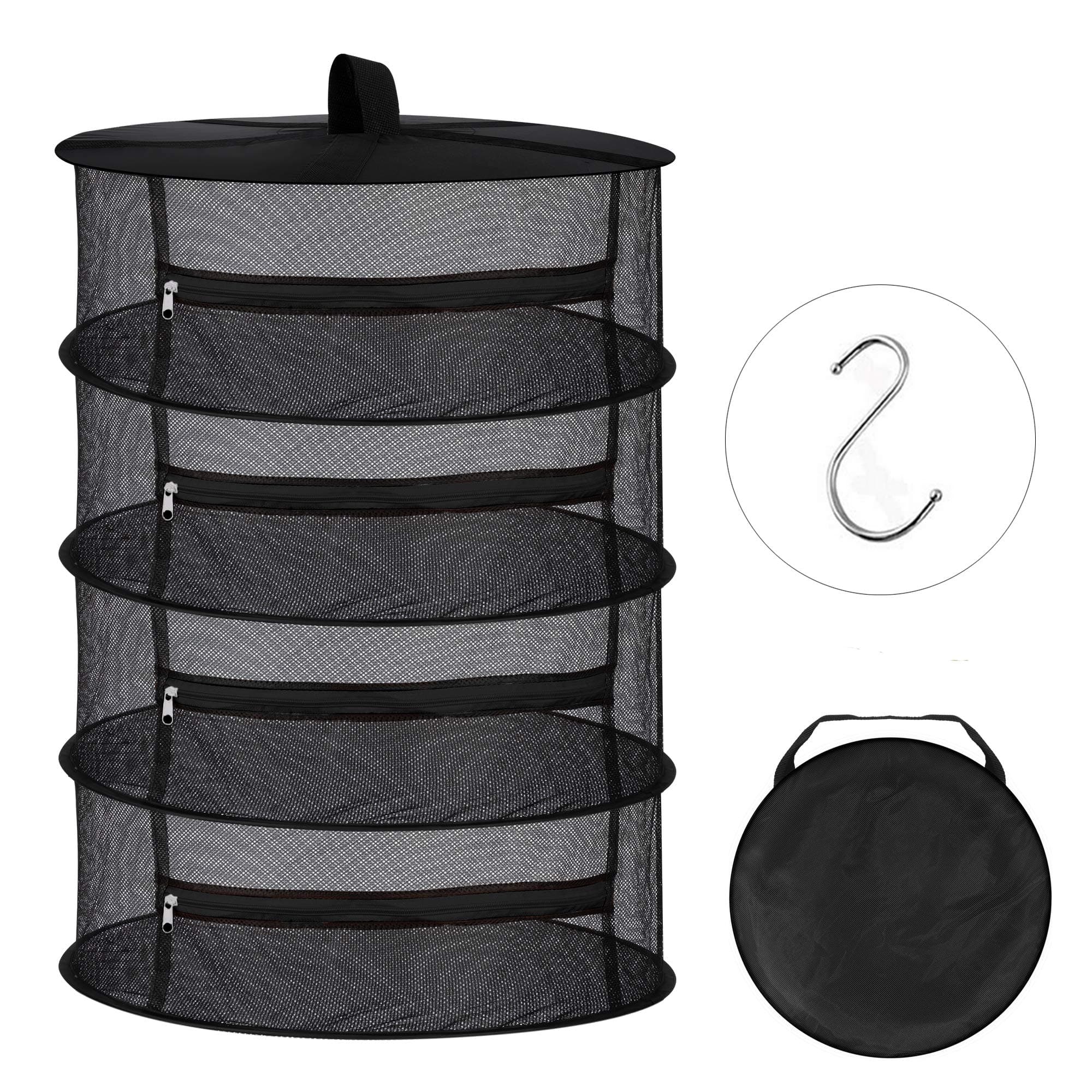 Hanging Dry Net 4 Layer Mesh Hanging Herb Drying Rack Drying Net with Zippers S Hang Buckle and Storage, Gift Bag, Black