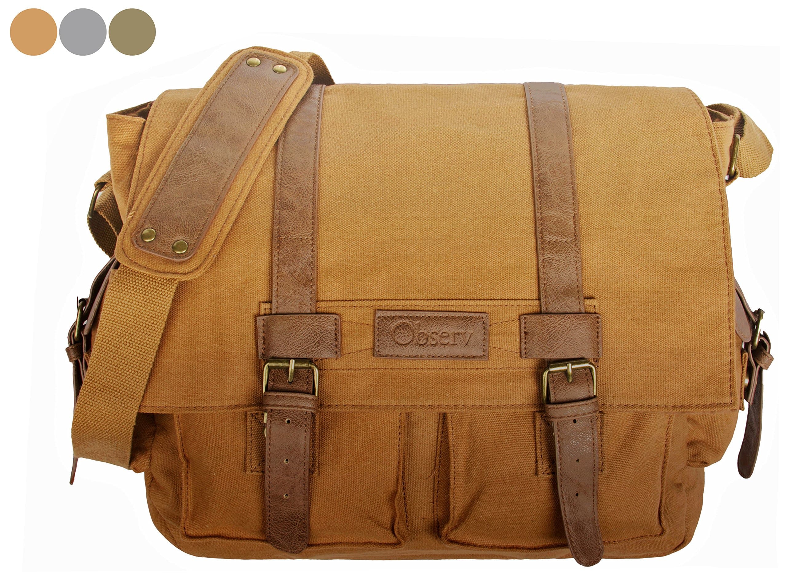 Observ Classic Laptop Messenger Bag, Light Brown - Large Canvas Pack Designed to Fit Laptops 13", 14" and up to 15.6 Inches
