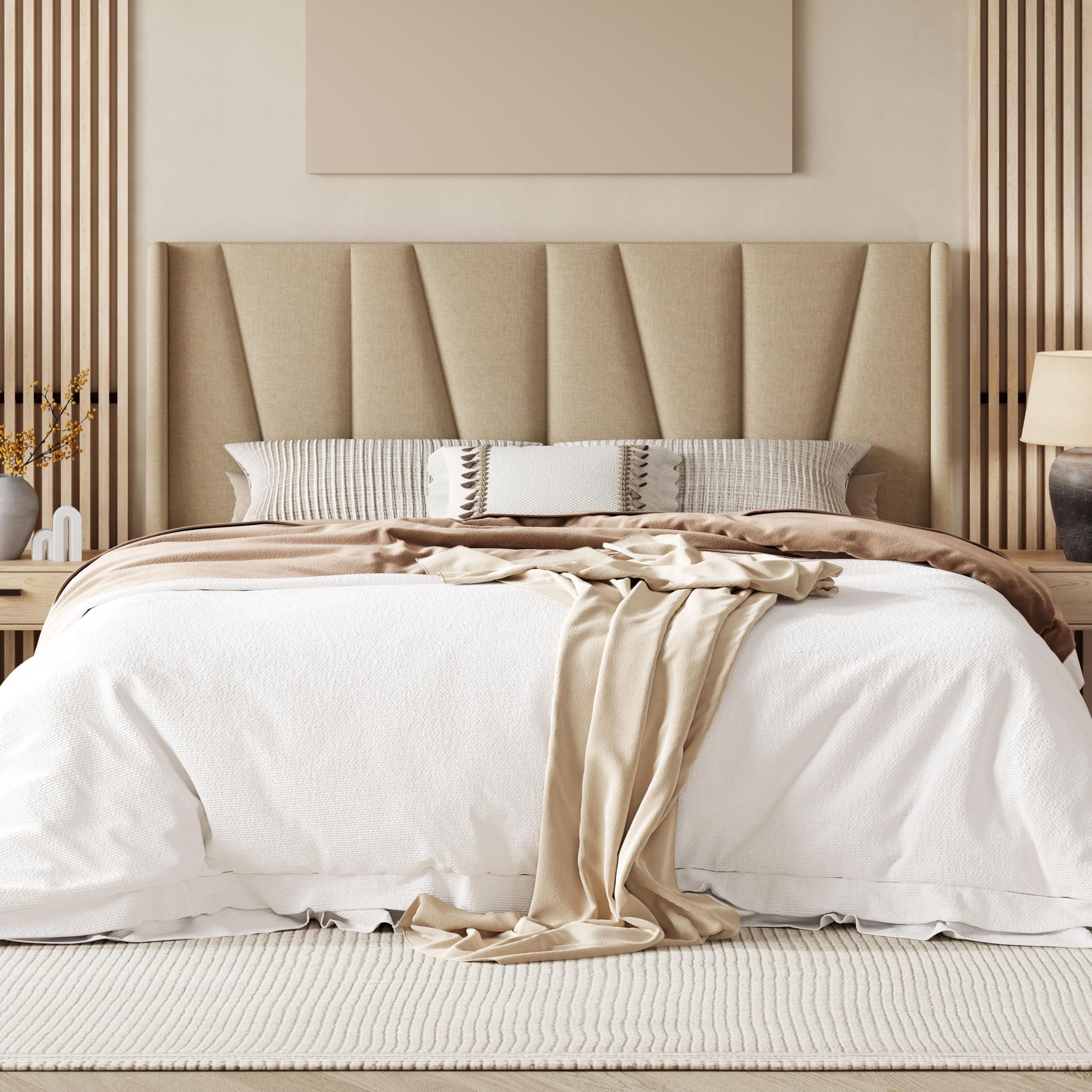 King Size Platform Bed Frame with Geometric Wingback Headboard, Boho Upholstered Bed with Wooden Slats Support, No Box Spring Needed, Easy Assembly, Beige