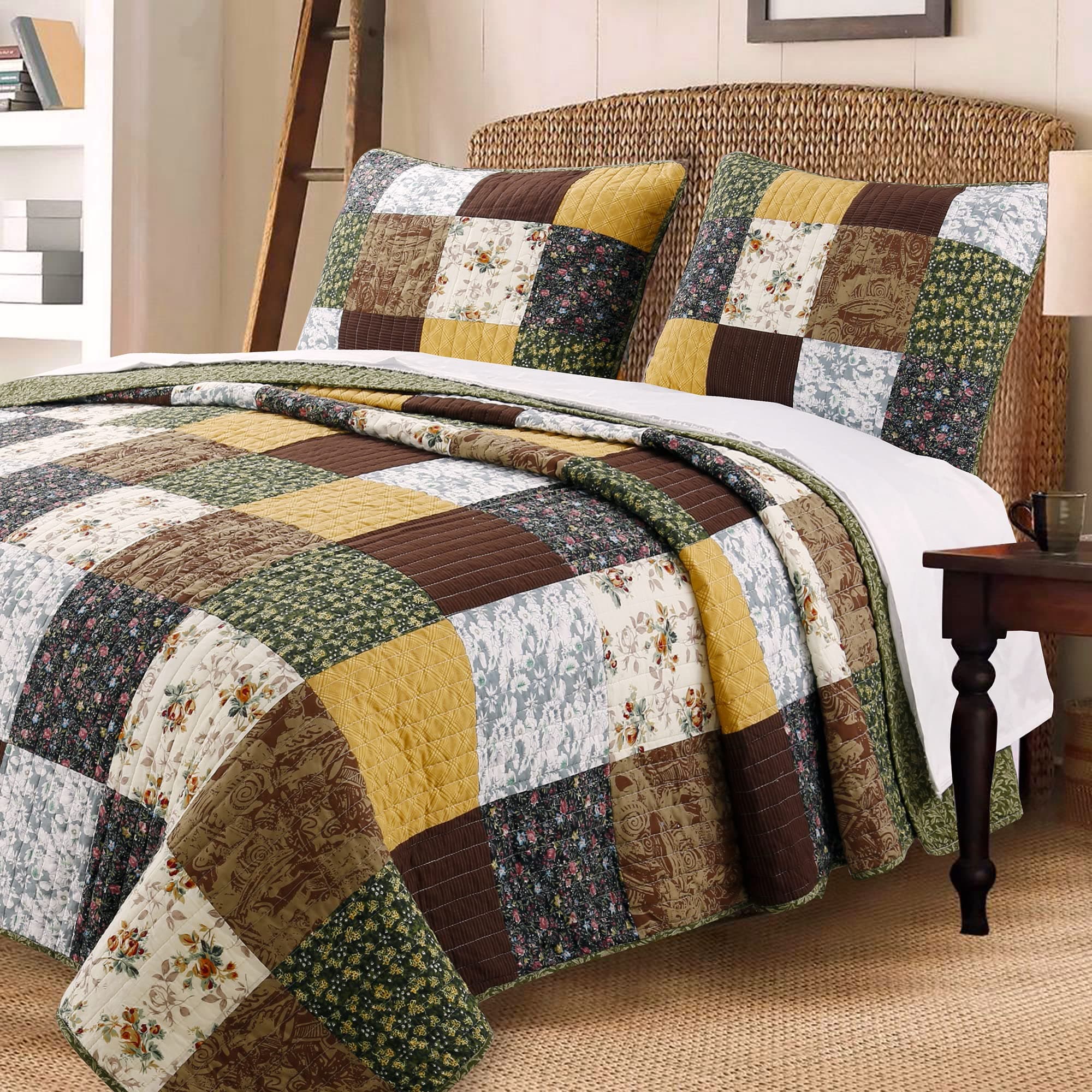 Cozy Line Home Fashions 100% Cotton Hand Piecing Real Patchwork Mustard Yellow Country Farmhouse Quilt Bedding Set Reversible Coverlet, Bedspread (Brown Olive, King - 3 Piece)