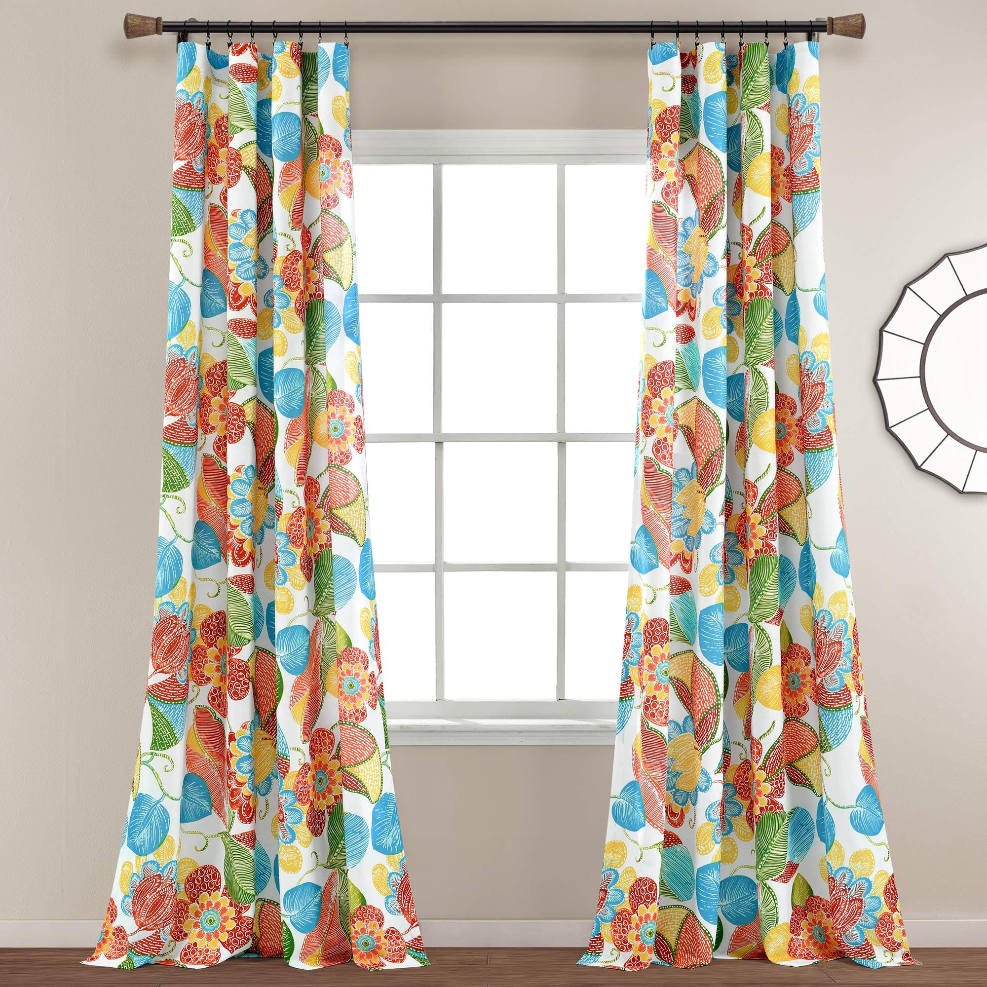 Lush Decor Layla Light Filtering Window Curtain Panels Pair 52" W x 84" L Orange & Blue - Floral Curtains for Living Room - Cottage Core Bedroom Curtains