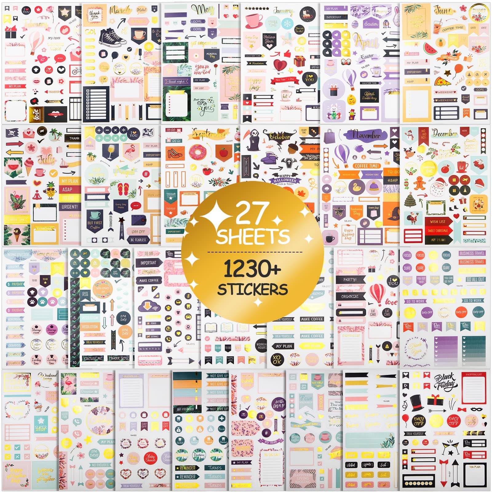 27 Sheets Gold Foil Planner Stickers with Multiple Colors Assorted Themes and Designs, 1296 PCS Journal Stickers for Planners Calendar