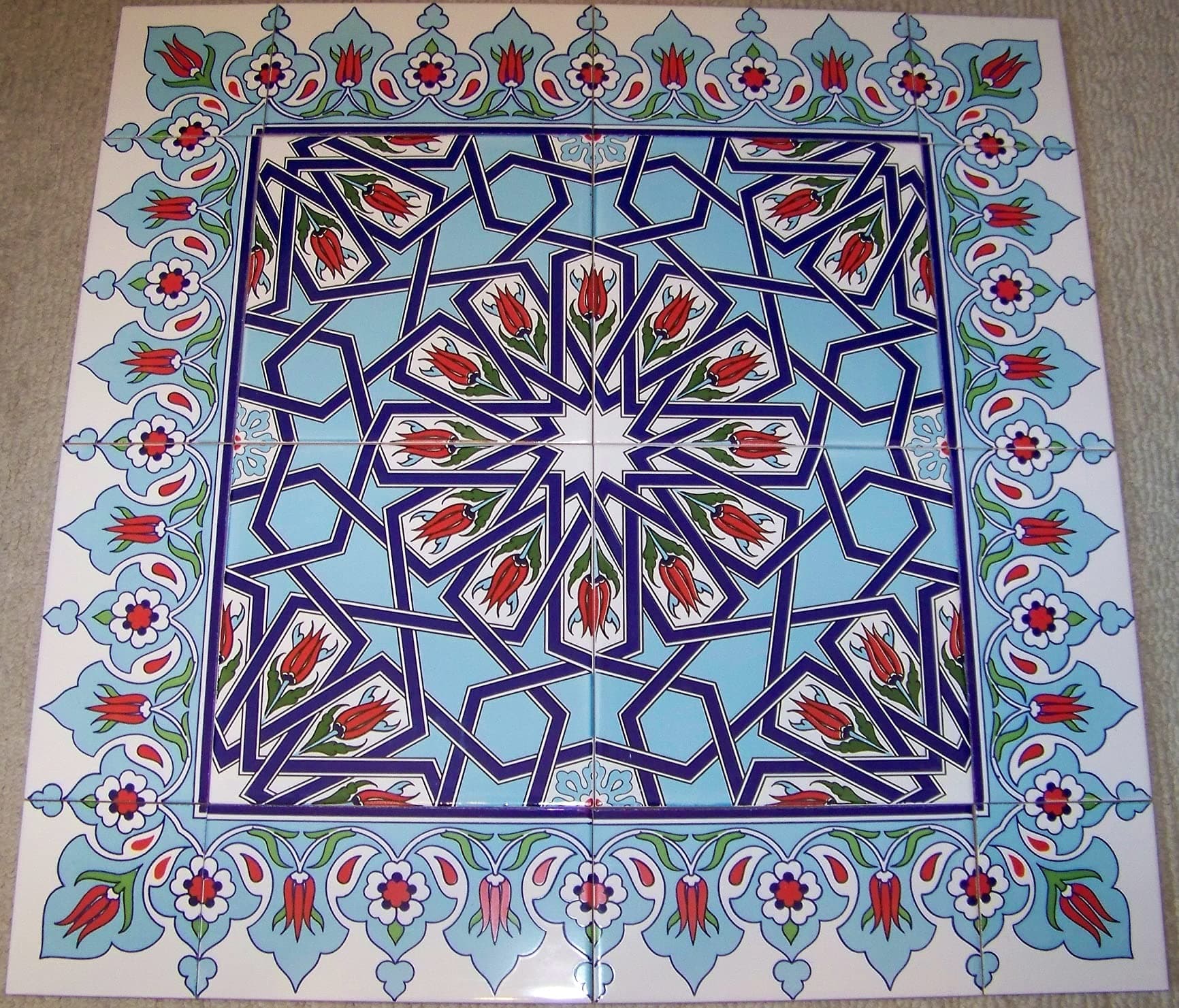 Turkish Iznik Tulip & Floral Pattern Ceramic Tile Mural Panel 24"x24"