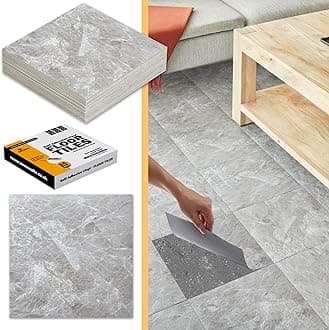 Vinyl Floor Tiles Self Adhesive - 30 Pack to Cover 30 sqf (2.79 sqm) | Each Sticker Tile Size 12x12In (30.5 x 30.5cm) - Peel and Stick Vinyl Floor Tiles | Light Grey Marble Effect