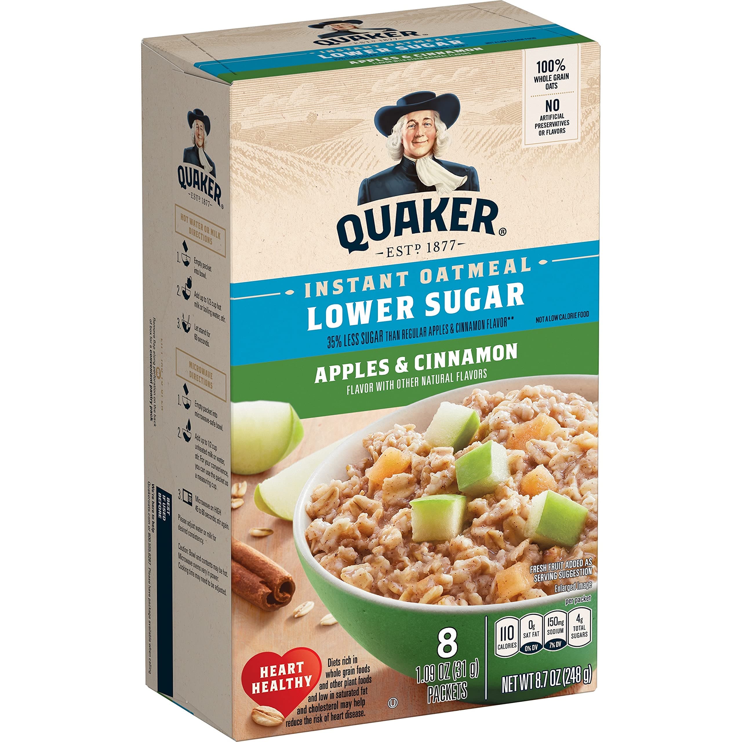 Instant Oatmeal Apple Cinnamon, Lower Sugar, 8 Count