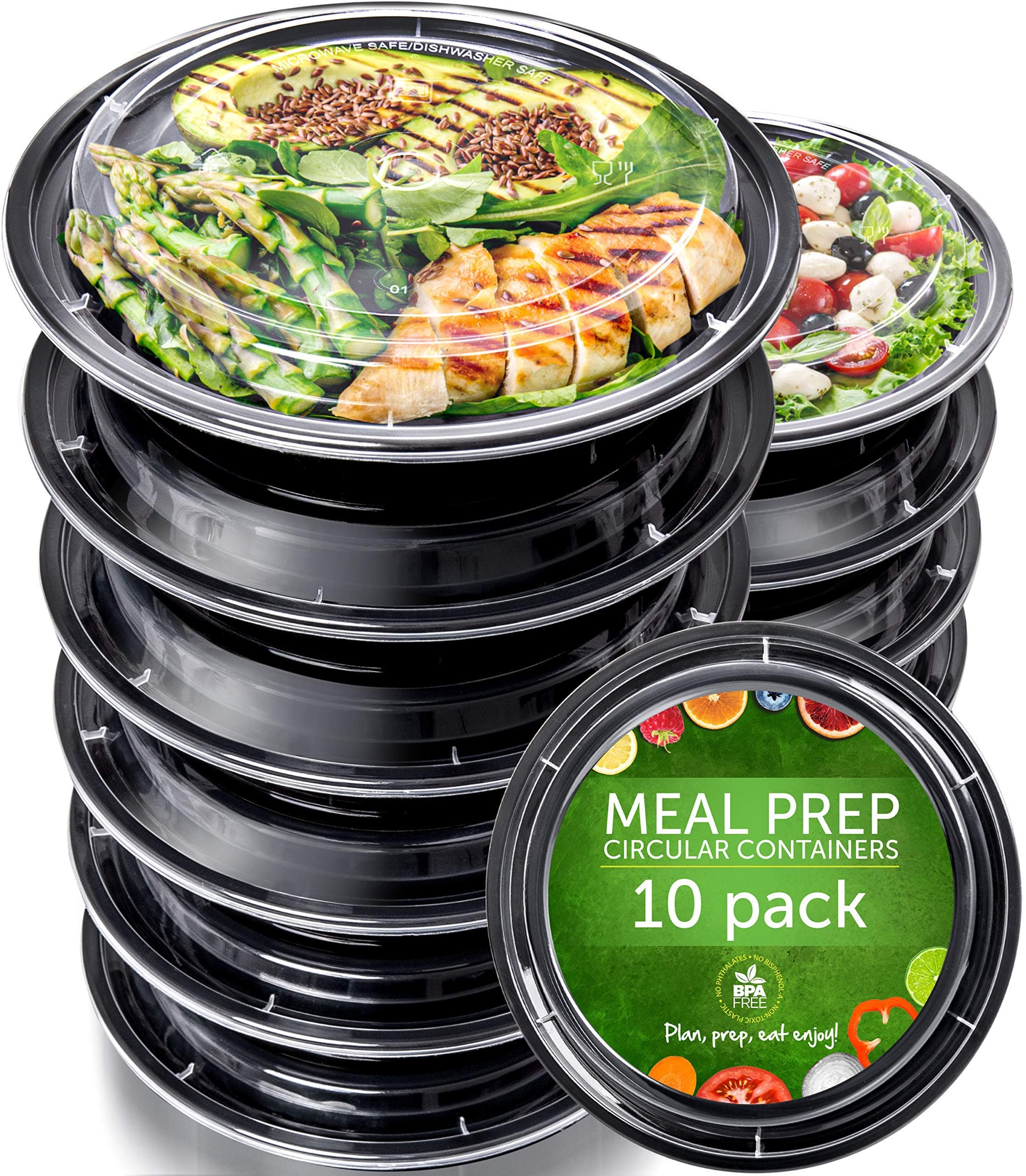 Prep Naturals Reusable Plastic Containers with Lids, 10 Pack, Black, Meal Bowls, Lunch Containers, BPA, PVC and Phthalate Free, Microwave and Freezer Safe