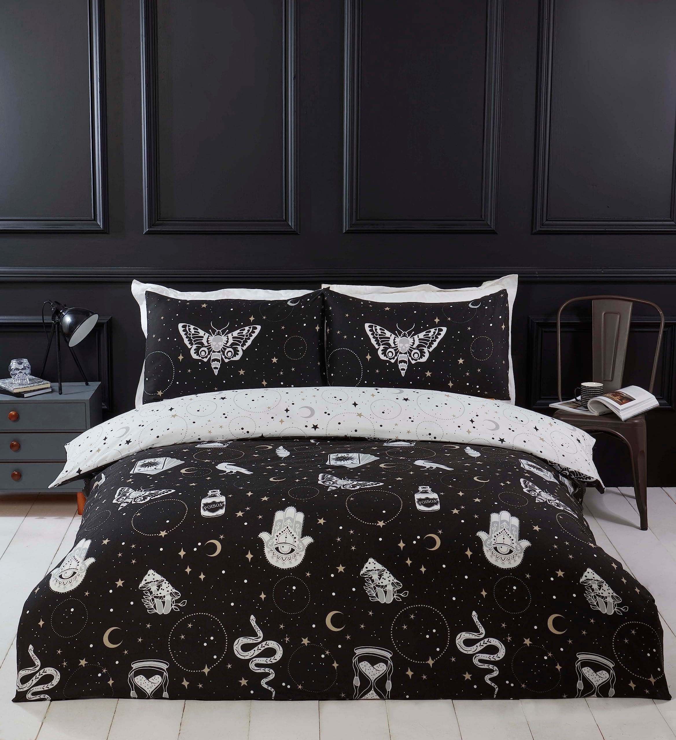 Rapport Home Gothic Magic Microfibre Double Duvet Cover Set, Dark Themed Halloween Bedding Set, Reversible Constellation Duvet Set