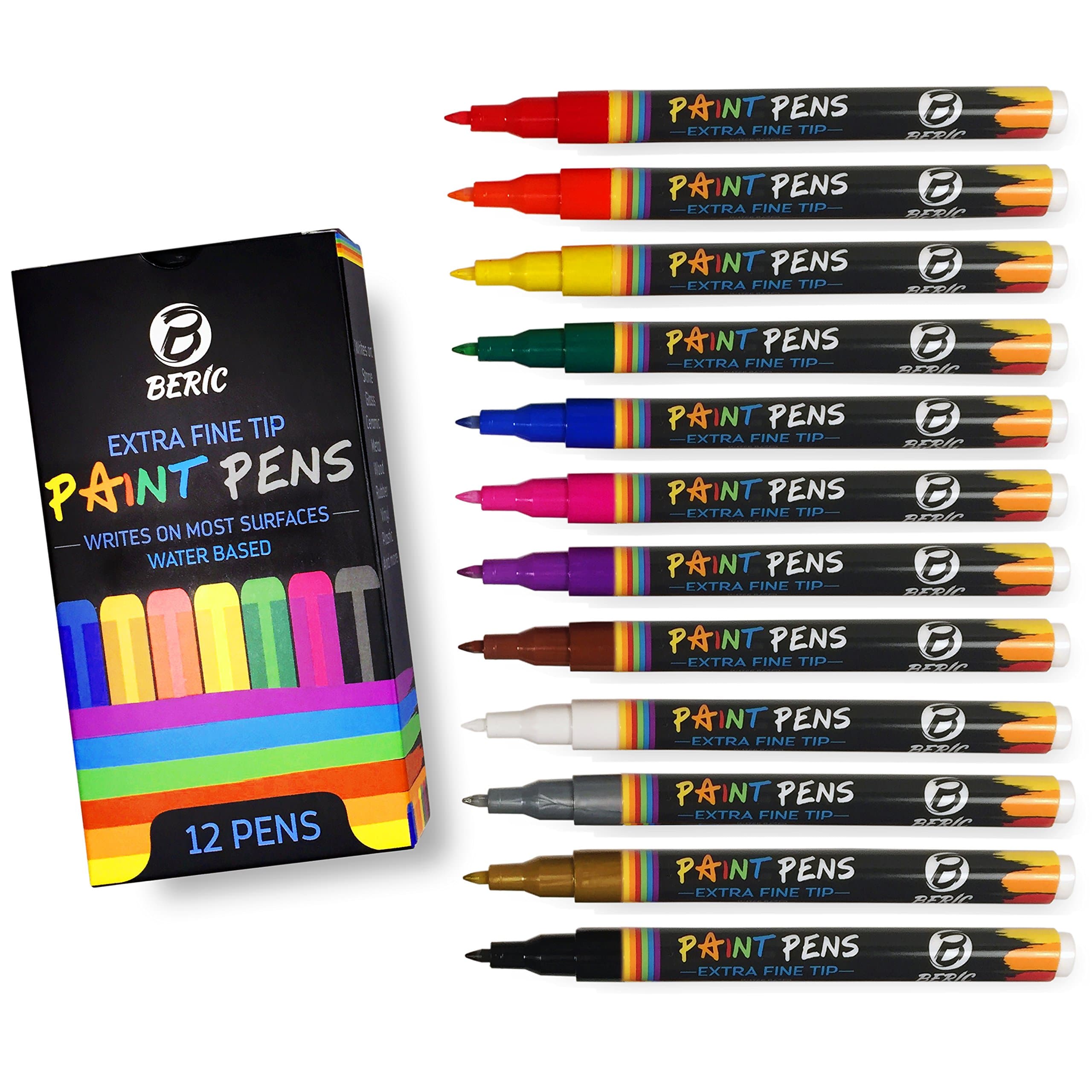 Beric Premium Paint Markers 12 pack, Water-based, Marker, Extra Fine Point Tip, Writes on Almost Anything, Water and Sun Resistant Vibrant Colors Low Odor Long Lasting Fast Drying Assorted Colors