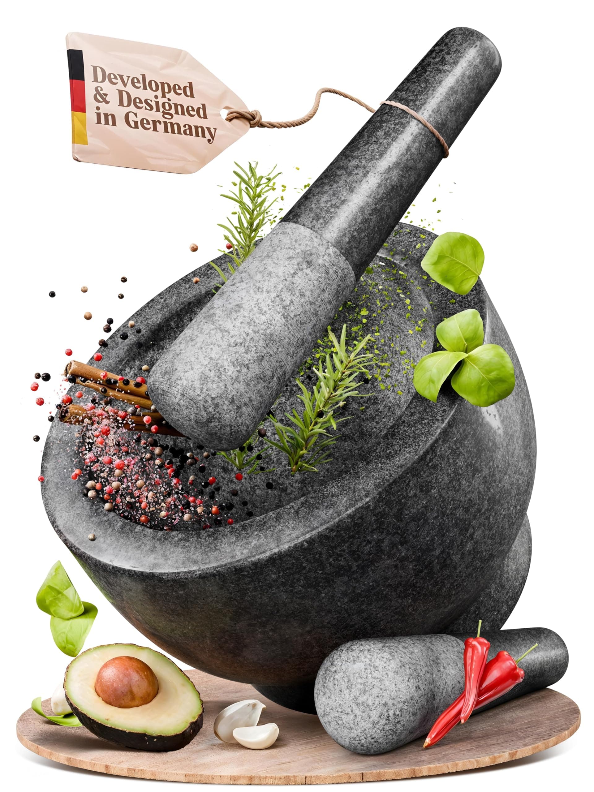 ChefSofi Oversized 8" 5 Cup Capacity Mortar and Pestle Set - Black Glossy Exterior - 1 Giant Mortar and 2 Pestles: 8.5" and 6.5"