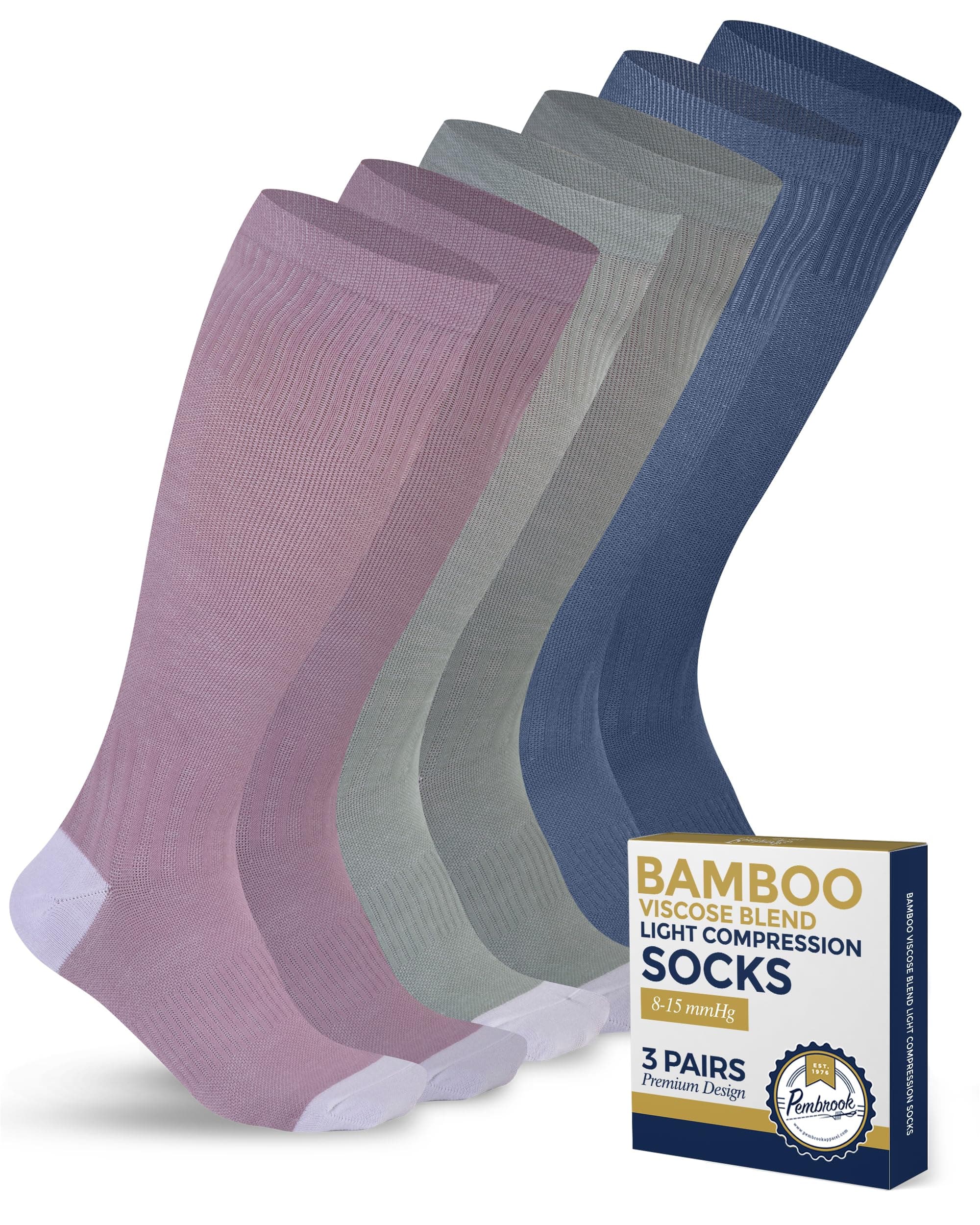 Pembrook Bamboo Viscose Light Compression Socks - 3 Pairs | 8-15 mmhg Compression Socks | Knee High Comfort Support Socks