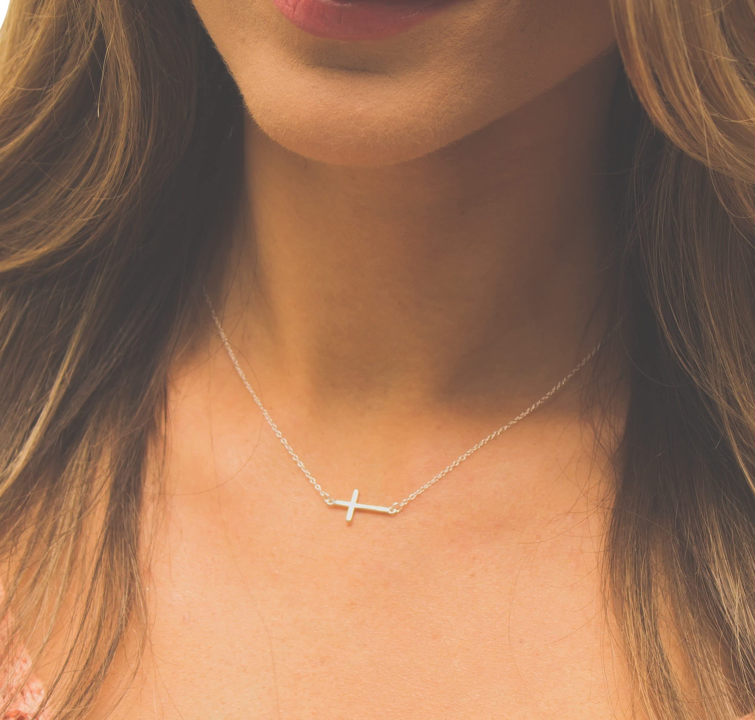 Sterling Silver Petite Small Horizontal Cross Necklace