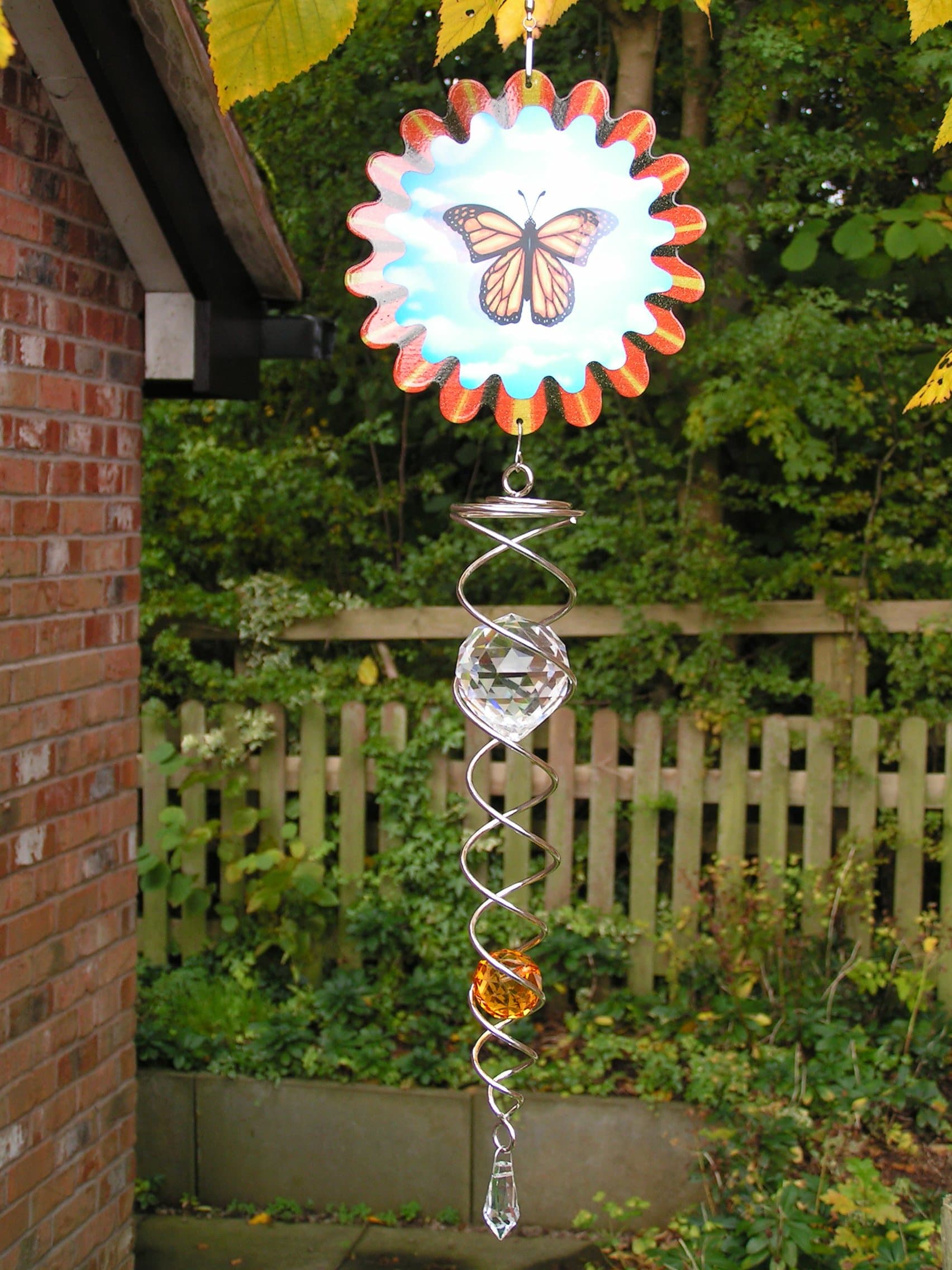 Iron Stop 6.5" Designer Animated Butterfly Wind Spinner + LONG 12"/30cm Silver Crystal Twister with Amber Crystal