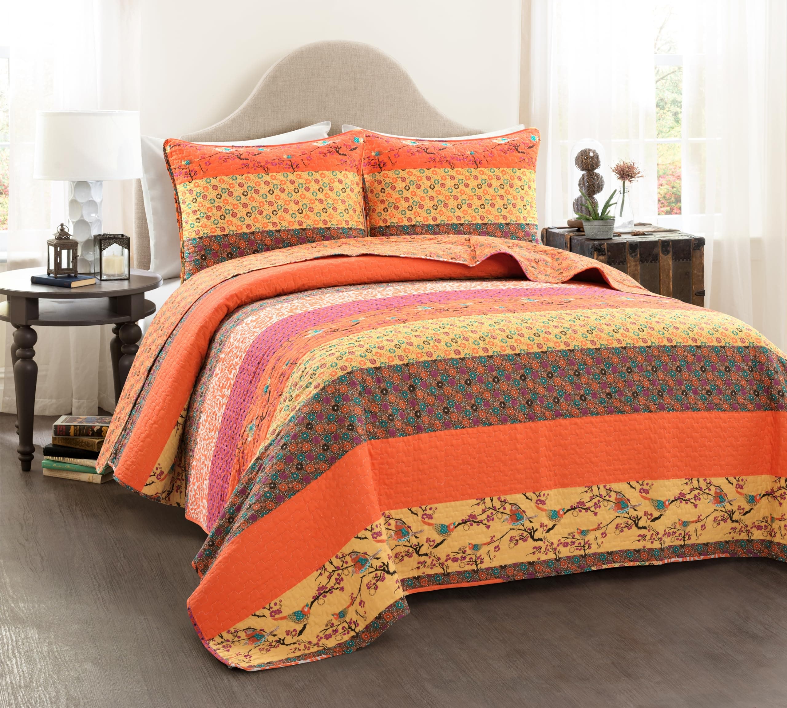 Royal Empire Quilt Striped Pattern Reversible 3 Piece Bedding Set, King, Tangerine