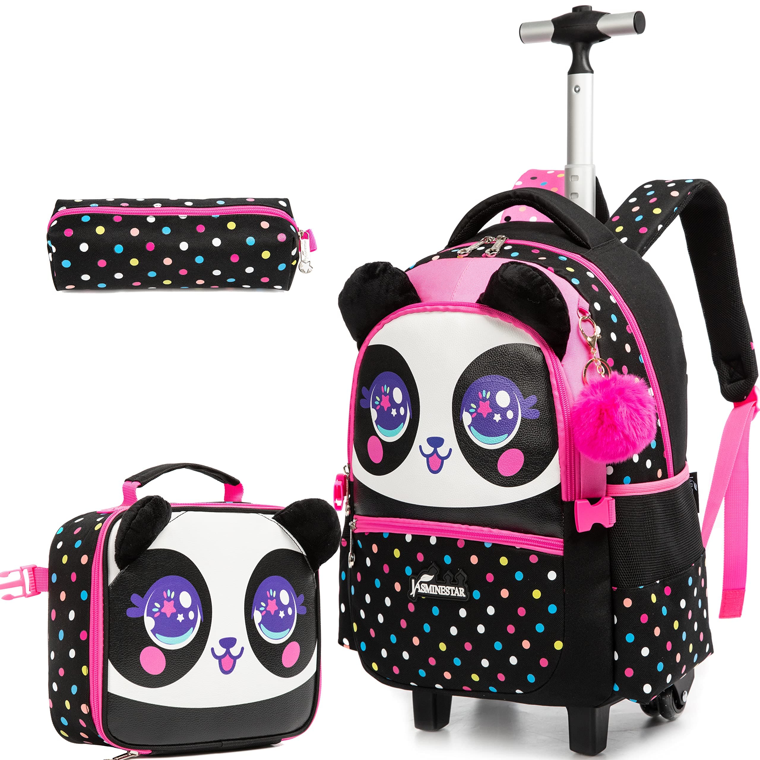 Panda Rolling Backpack for Girls Kids - Elementary School - 15.7 x 11.8 x 1.9 inches - Pink - Cartoon - 20L