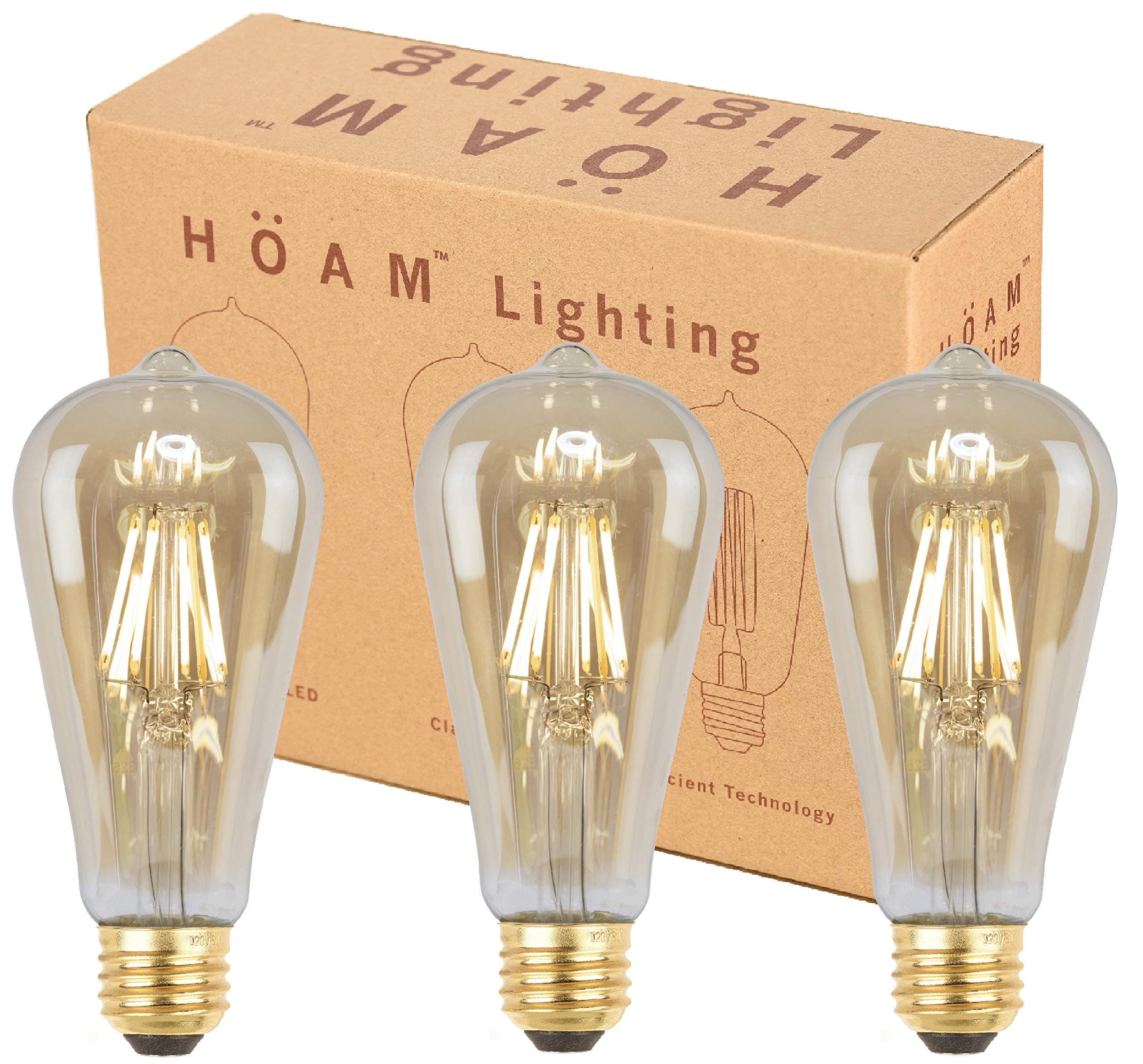 3 Pack Edison Bulbs from HOAM Lighting, Dimmable LED Filament, Antique Style, 8W LED 75W Incandescent Equivalent 2700K Warm Amber Color Temperature, ST18 ST64, E26 E27 Screw Cap, 120V