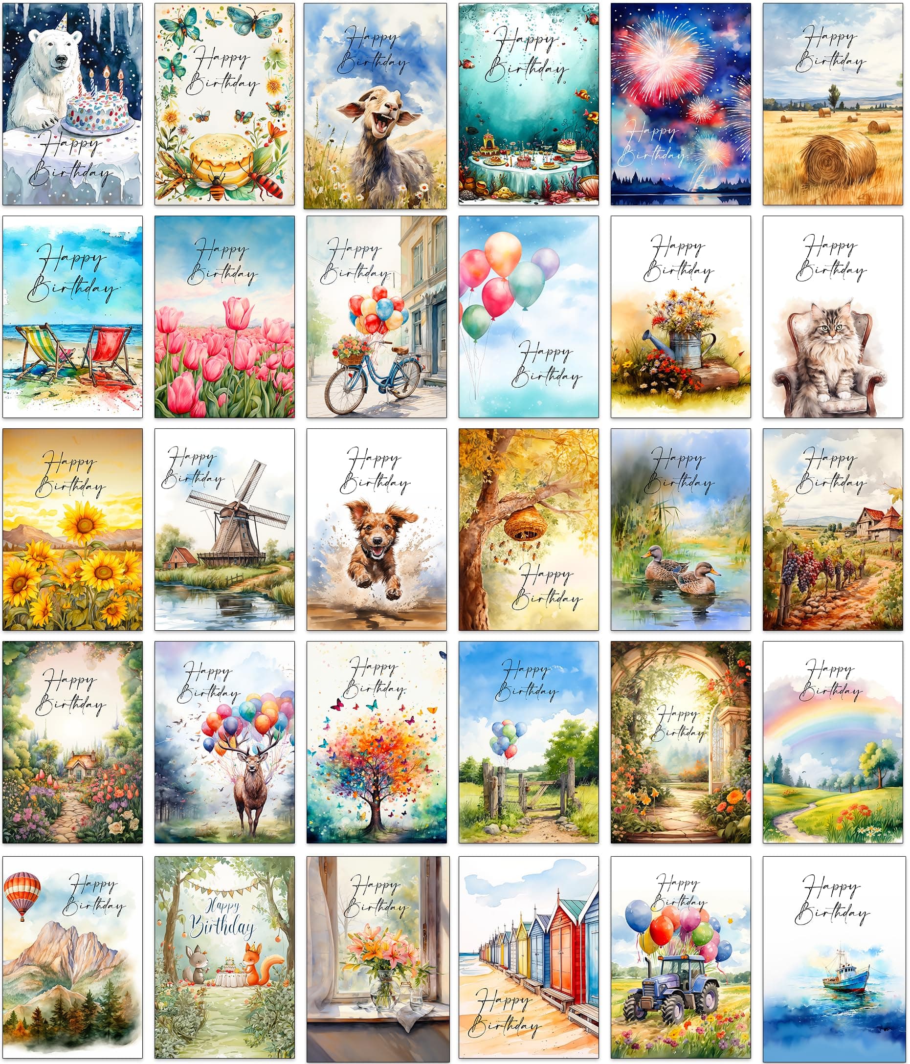 30 Different Bright and Fun Assorted Birthday Cards with Envelopes (Mixed Ages)