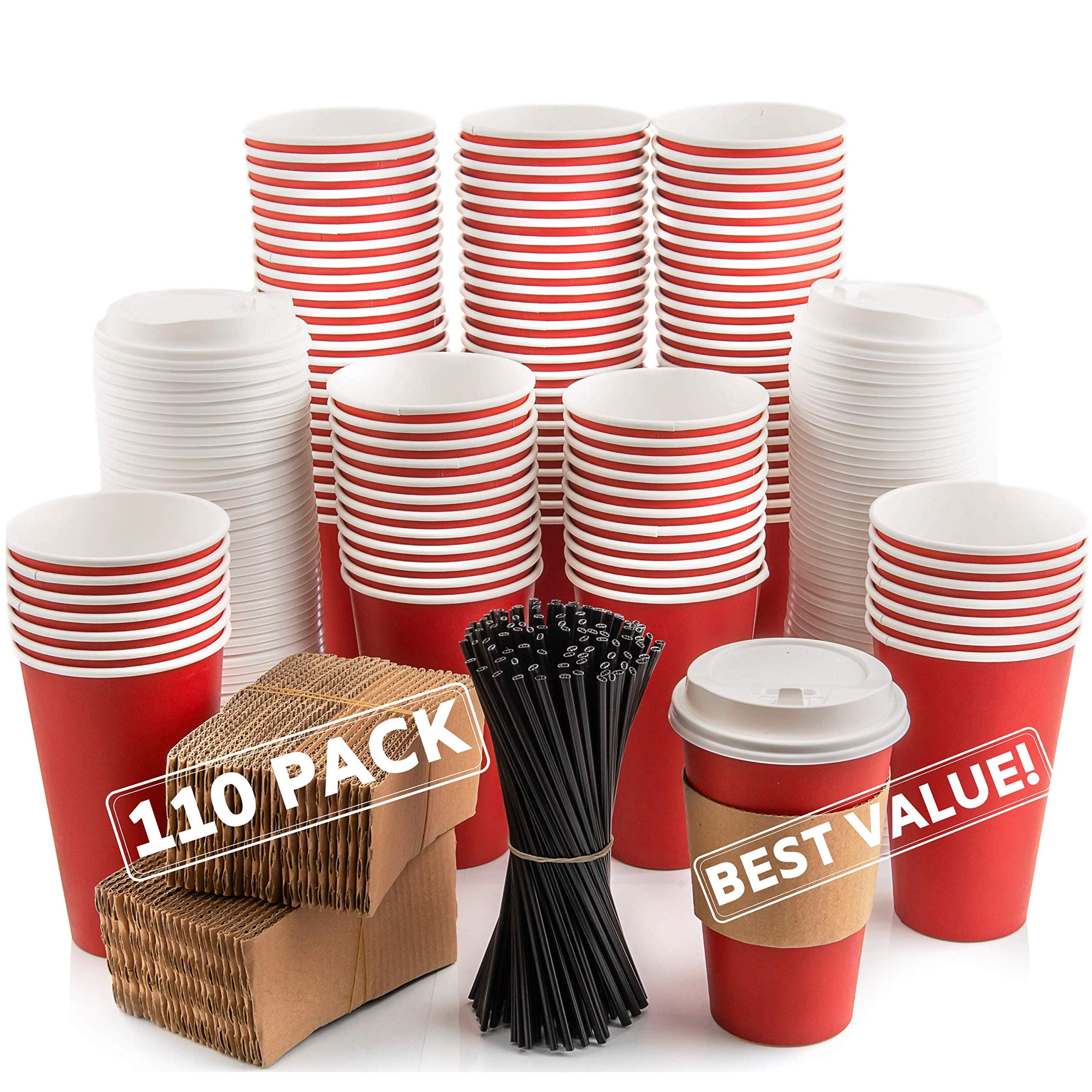 110 Pack Disposable Coffee Cups with Lids - Premium Quality 16 oz To Go Coffee Cups with Sleeves, Tight Lids to Prevent Leaks & Straws - This Paper Hot Cup Holds Shape With Hot Drinks - Cherry Red