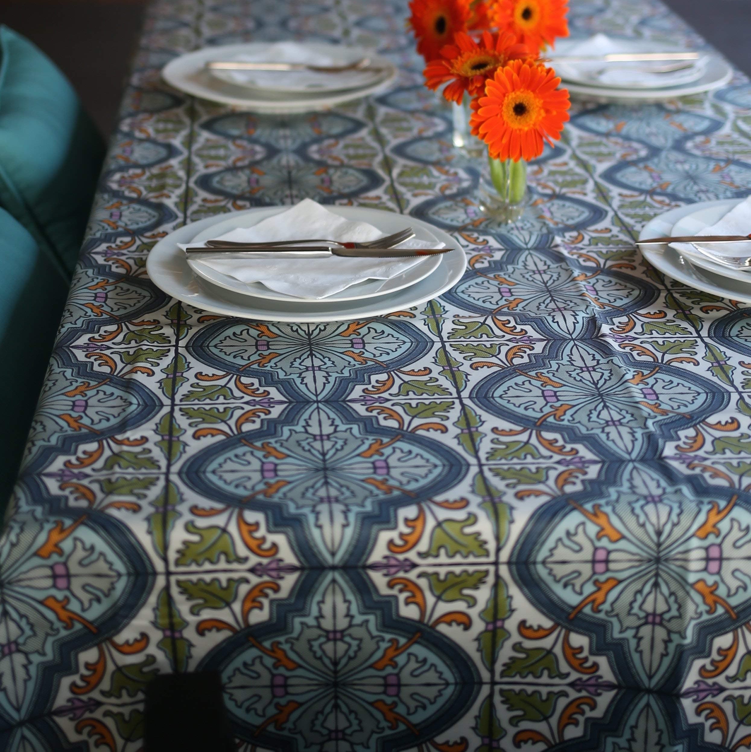 Coated cotton tablecloth in"CYPRESS" pattern.