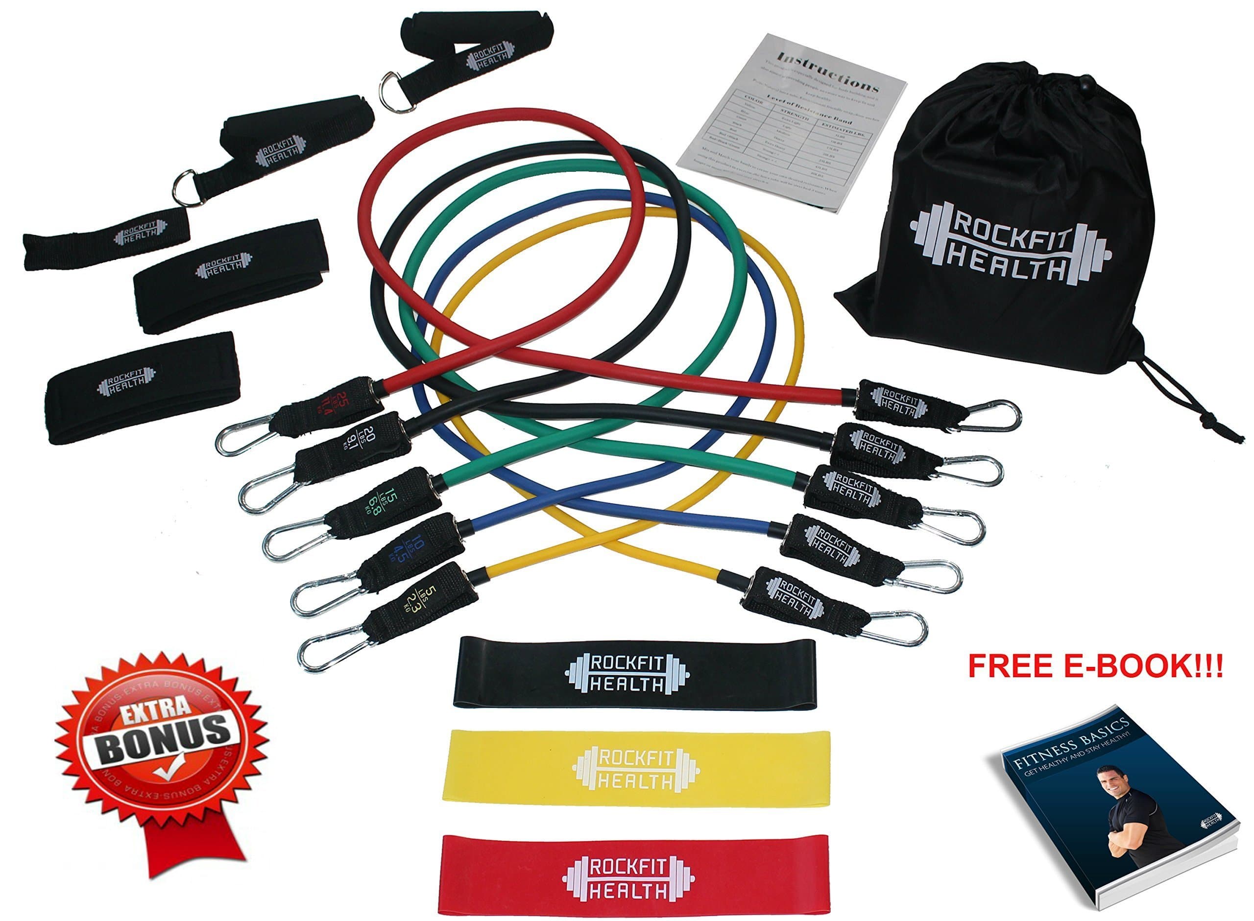 WORKOUT BANDS - 50% OFF!( Resistance Bands & Loop Bands ) by RockFit Health. PREMIUM 15 PIECE SET (Handles, Ankle Straps, Door Anchor, Carrying Case, User Guide) FREE E-BOOK & BONUS LOOP BANDS!!