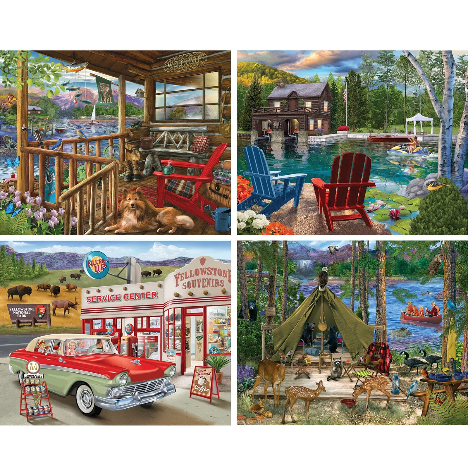 Bits and PiecesMultipack 4-in-1 Puzzle Set 500 Piece Jigsaw Puzzles for Adults - Each Puzzle Measures 46cm x 61cm- Country Travel Lake Cabin Vacation Jigsaws by Artist Bigelow Illustrations