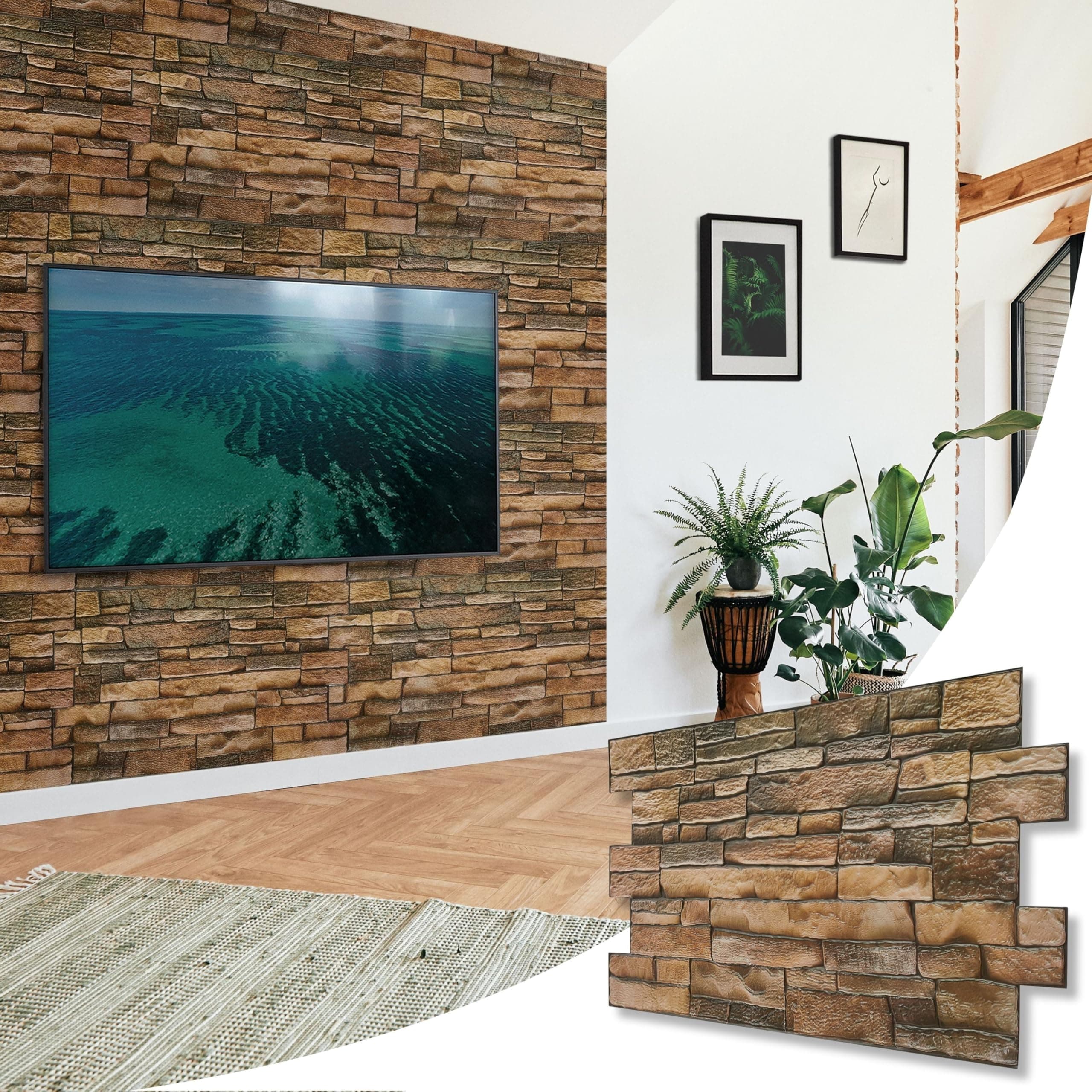 NOVECRAFTO 3D Wall Panels - 8 Sheets Covering 3.69 sqm | 39.68 sqft Moisture Resistant PVC Plastic Cladding Panel - 96 cm x 48cm | 37.79 x 18.89 in - Rustic Tan with Brickwork Effect