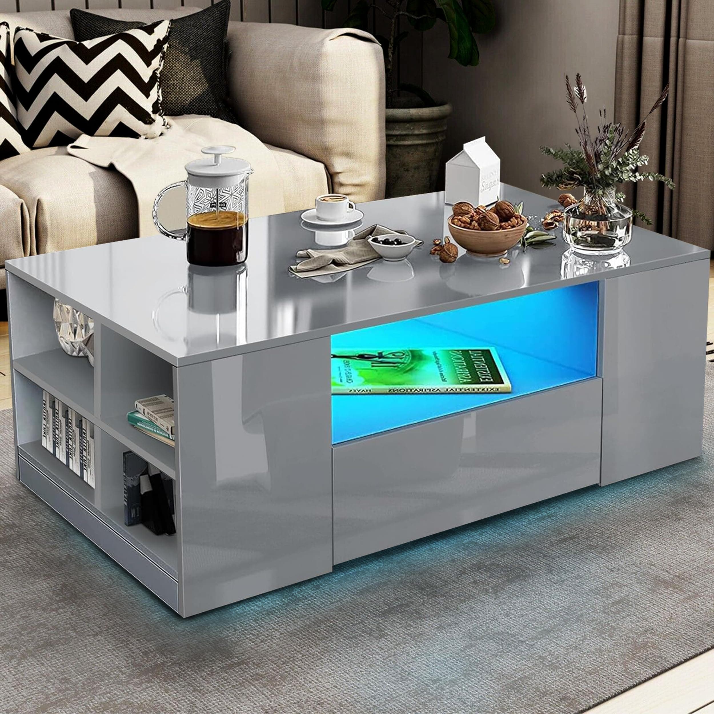 High Gloss Coffee Table, Coffee Table with Storage, Coffee Tables for Living Room with Led RGB Lights 2 Drawer Storage and Open Shelf Rectangle Centre Tea Table for Home Office Furniture, Grey