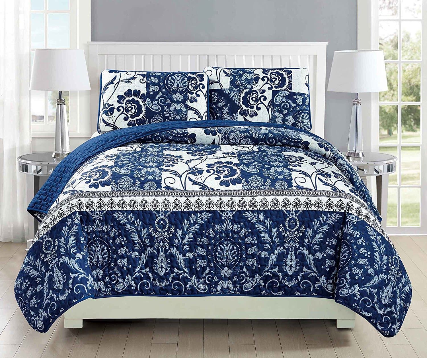 Linen Plus King/California King 3pc Quilted Bedspread Set Oversized Coverlet Floral Navy Blue White New