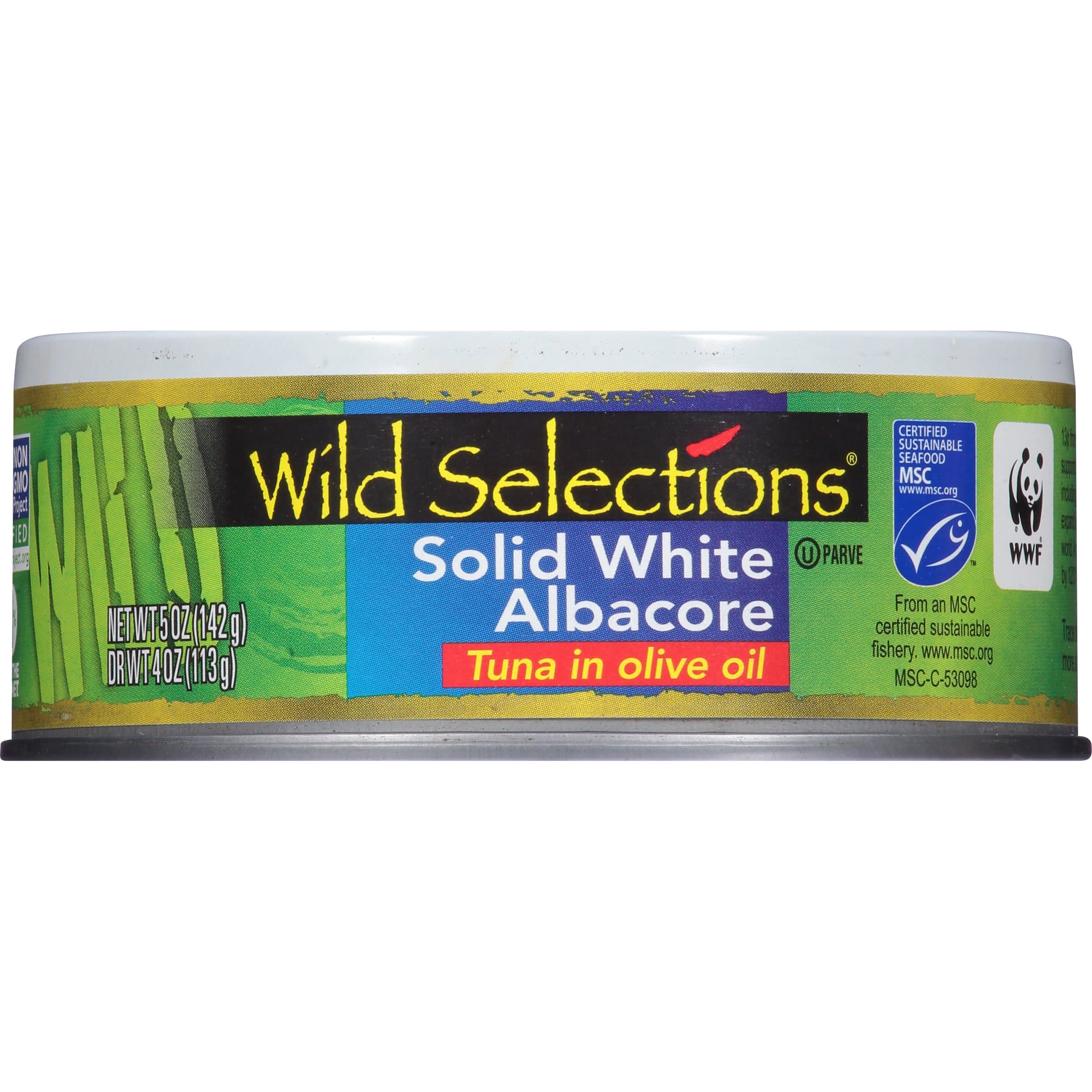 Wild Selections Solid White Albacore Tuna in Olive Oil, 5 oz Cans (Pack of 4) - Sustainable Wild Caught Tuna - 29g Protein per Serving - Non-GMO Project Verified, Gluten Free, Kosher, Keto