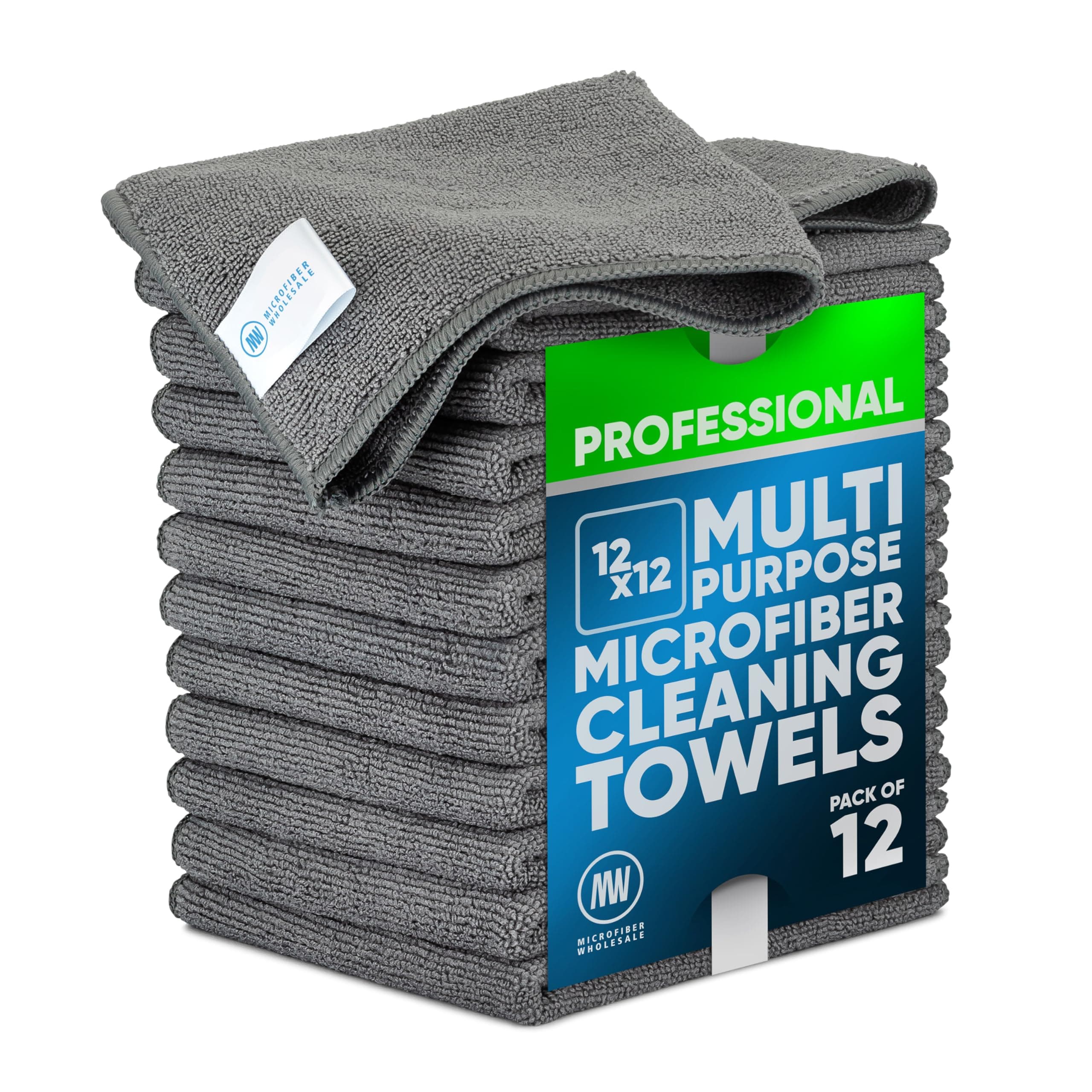 MW PRO Premium Microfiber Cleaning Cloths (12 Pack, 12x12, Grey) - Streak Free Stainless Steel & Glass Towels - Ultra Soft Cleaning Cloths for Screens, Granite & Modern Home - Washable & Reusable