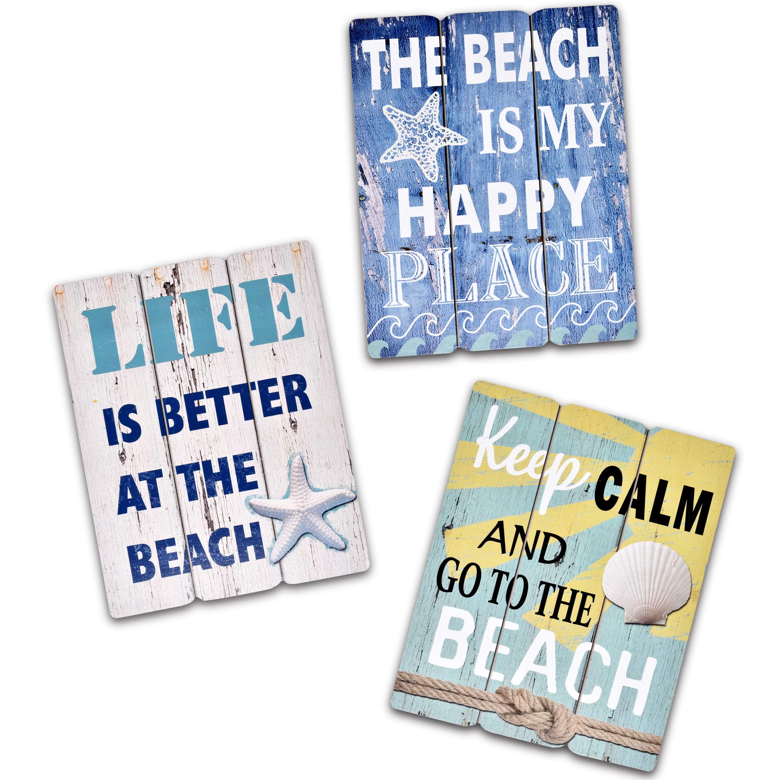3 Beach Wall Decor Ocean Home Decorations Rustic Signs for Bathroom Coastal Theme House Sign Bedroom Nautical Themed Room Happy Starfish Sea Accessories Wooden Seashell Hanging Art Life Office Gifts