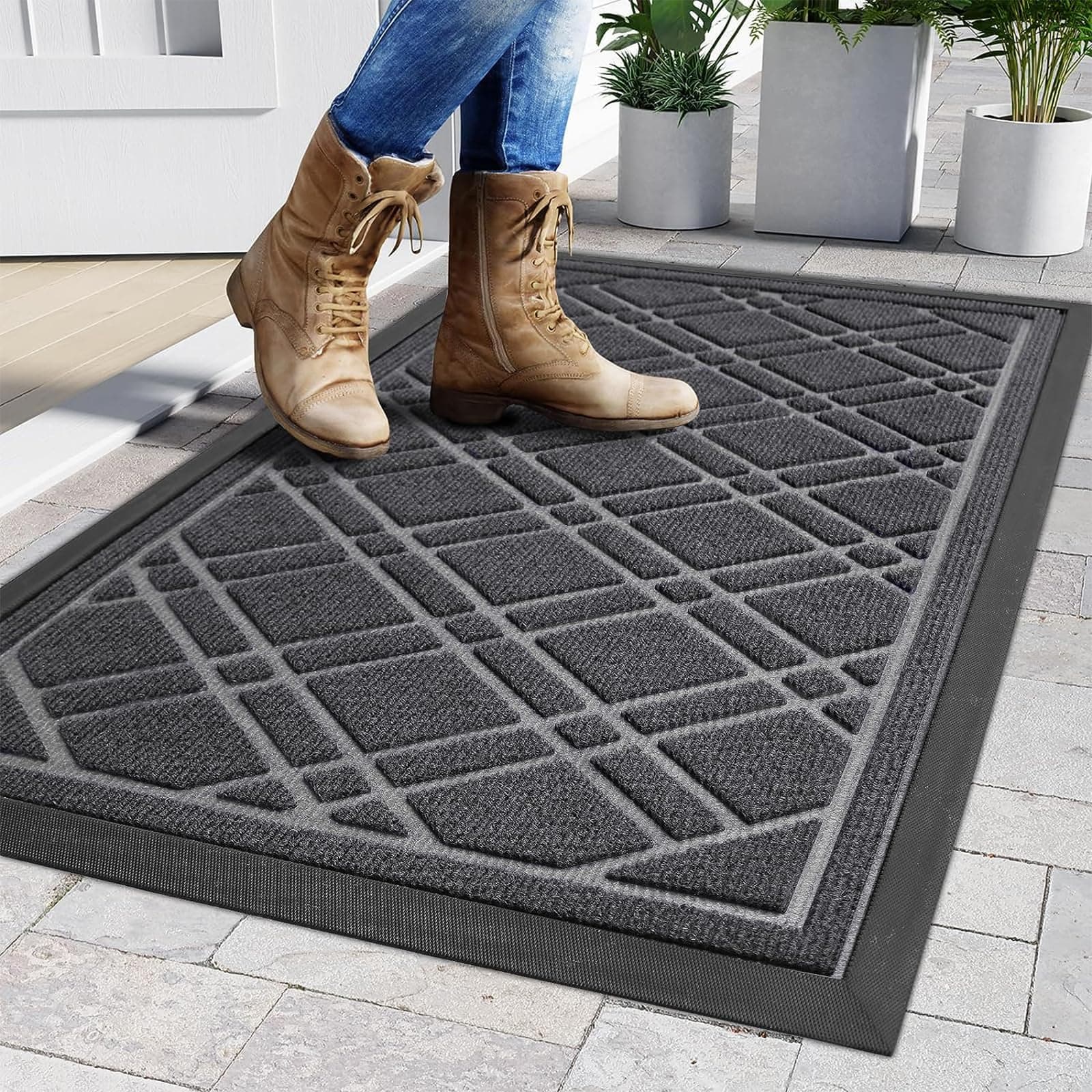 Front Door Mat, Non-Slip Durable Welcome Mat, Absorbent Rubber Low Profile Doormat, Heavy Duty Waterproof Indoor Outside Mats, Easy Clean Floor Mat for Entrance Home (45 * 75cm) (A, Grey)